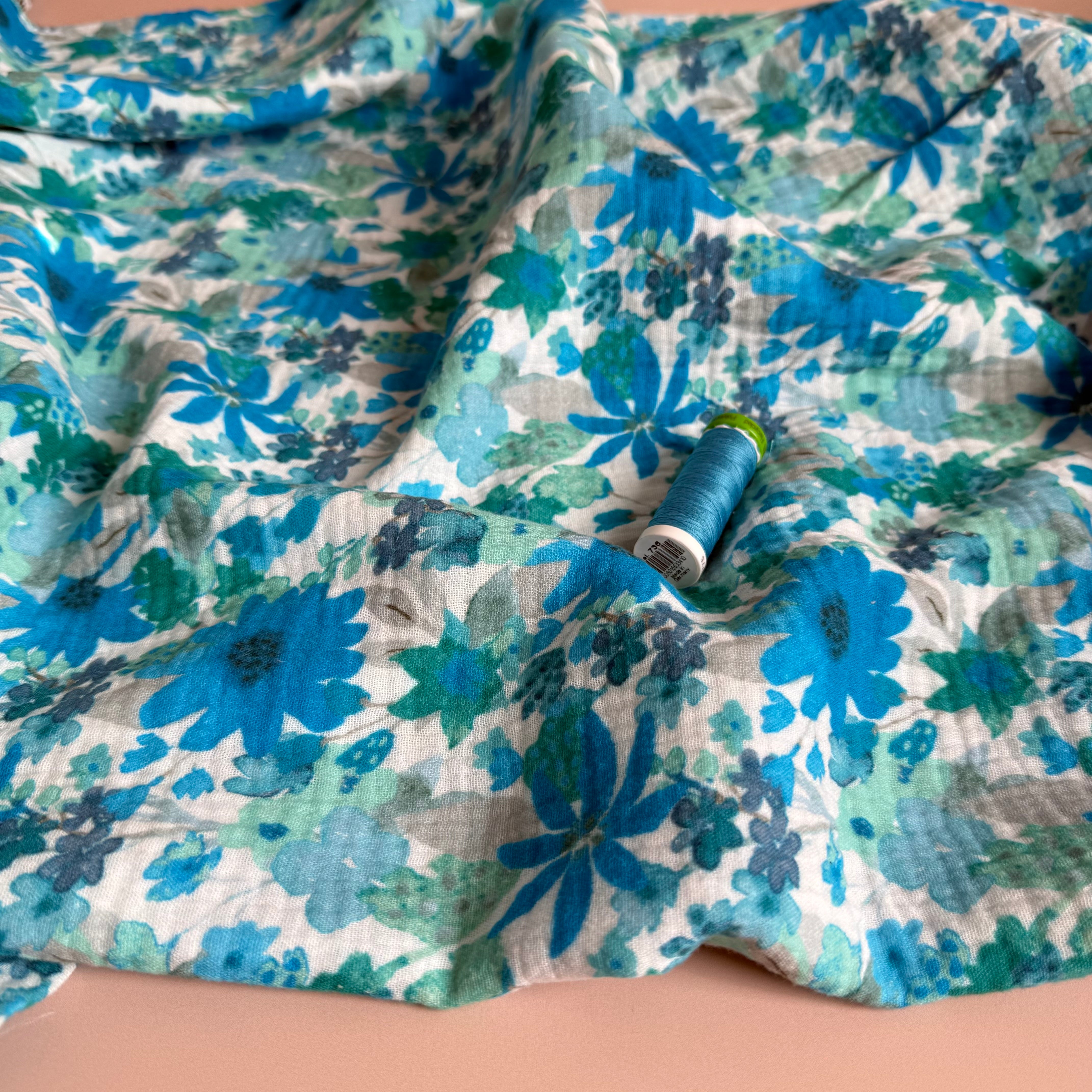 Turquoise Flowers Cotton Double Gauze