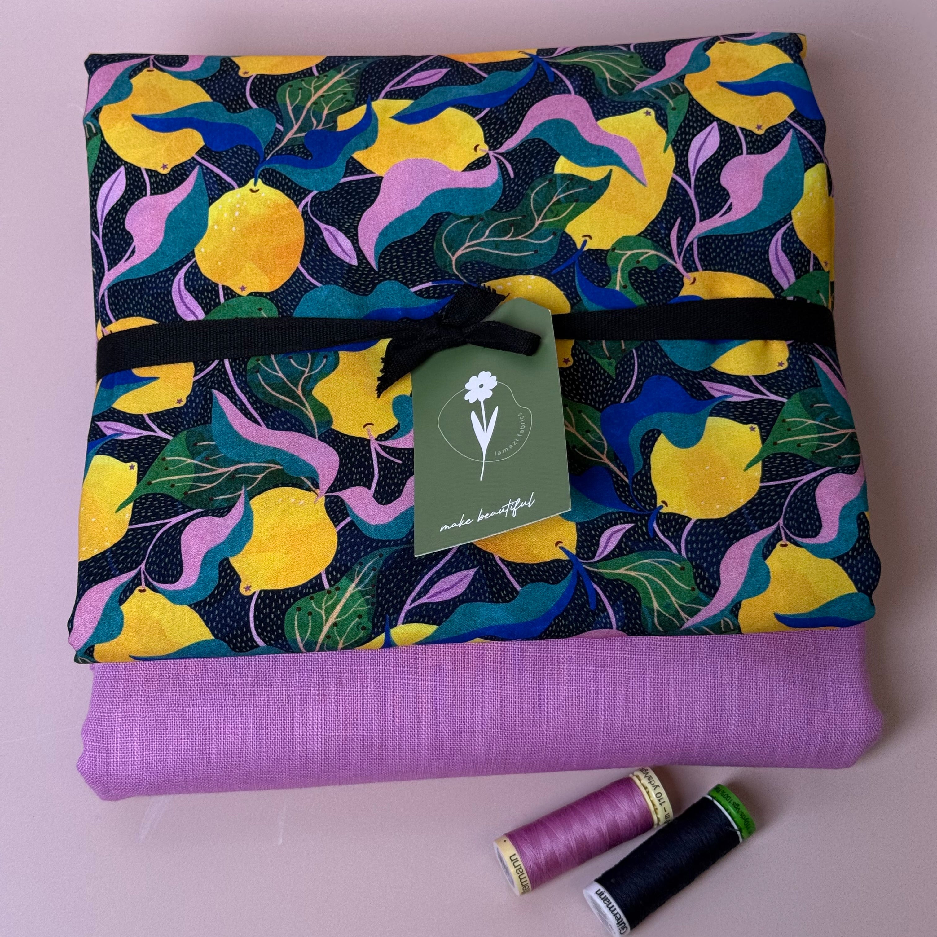 Make An Outfit Colour Bundle and Sewing Kit - Regalia Blouse in Lemons Viscose and Spring Trousers in Candy Pink Linen