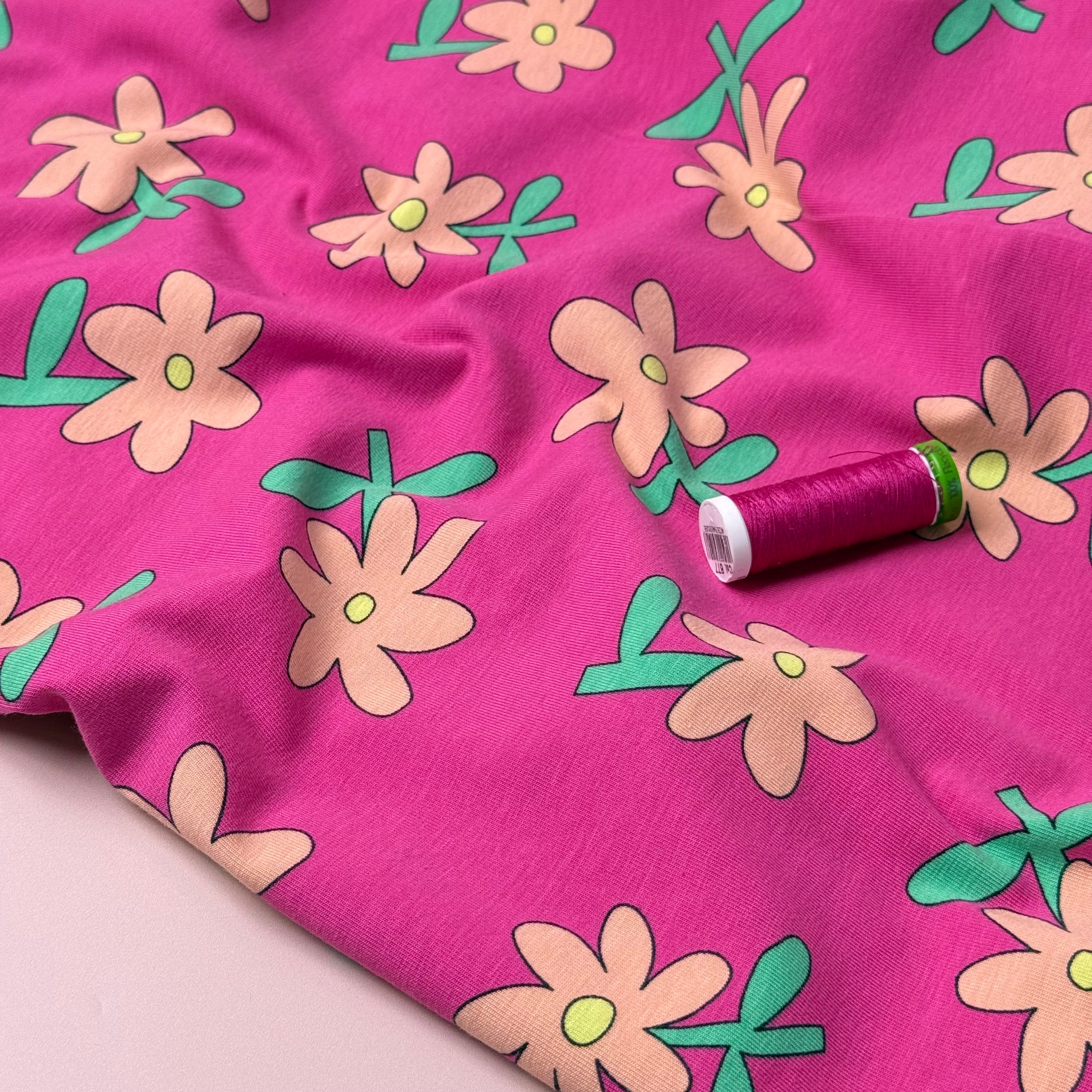 Fun Flowers Fuchsia GOTS Organic Cotton Jersey