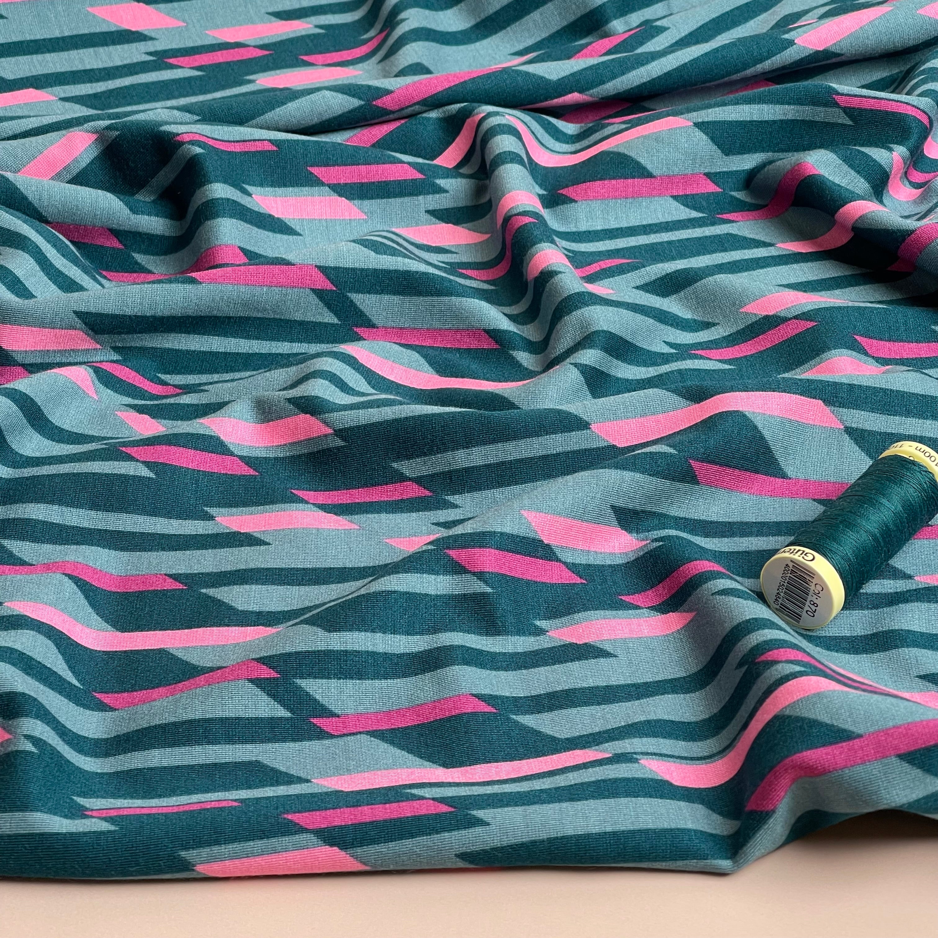 REMNANT 0.8 Metre - Abstract Lines Dark Mint Viscose Ponte Roma Double Knit Fabric