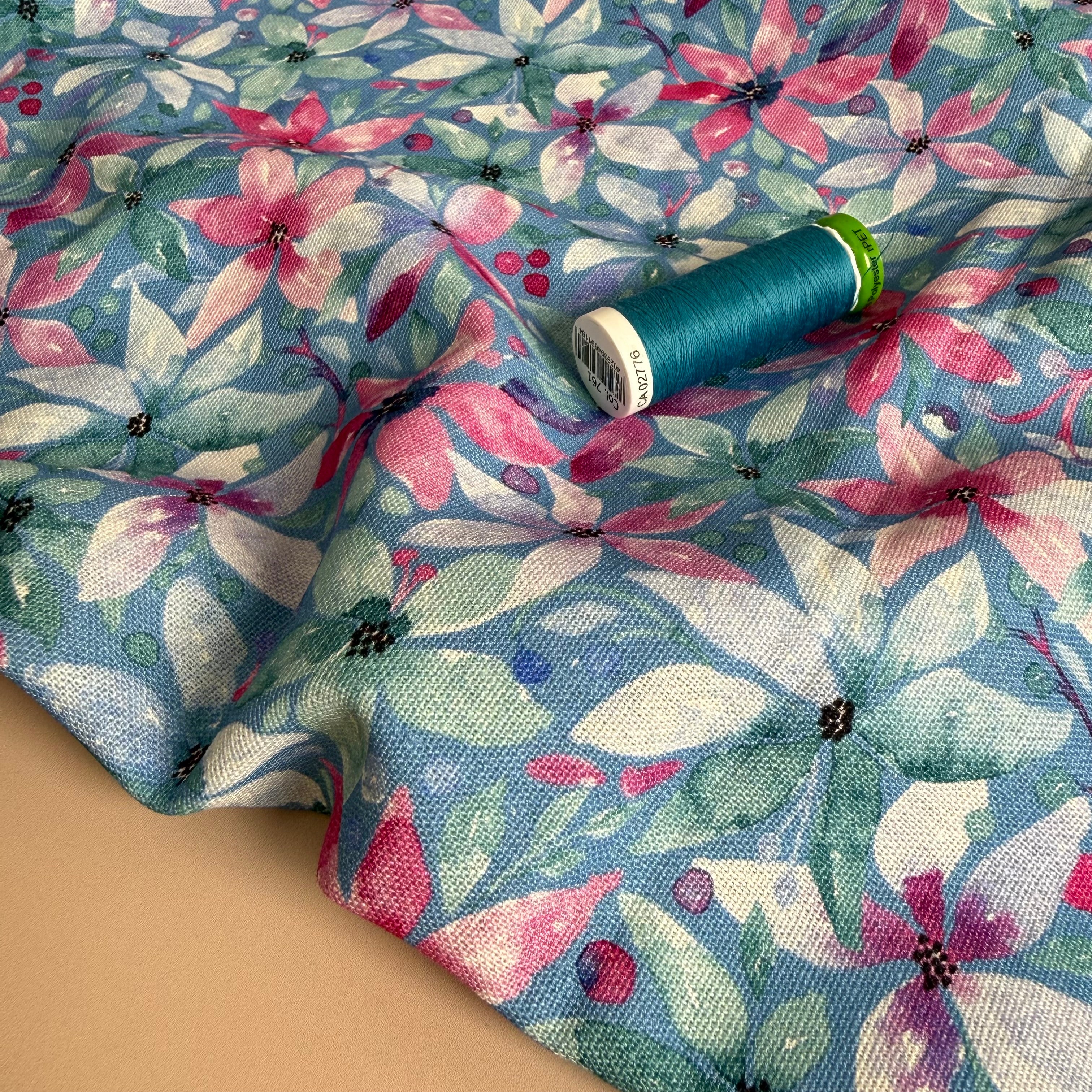 Cosmos Flowers Viscose Linen Fabric