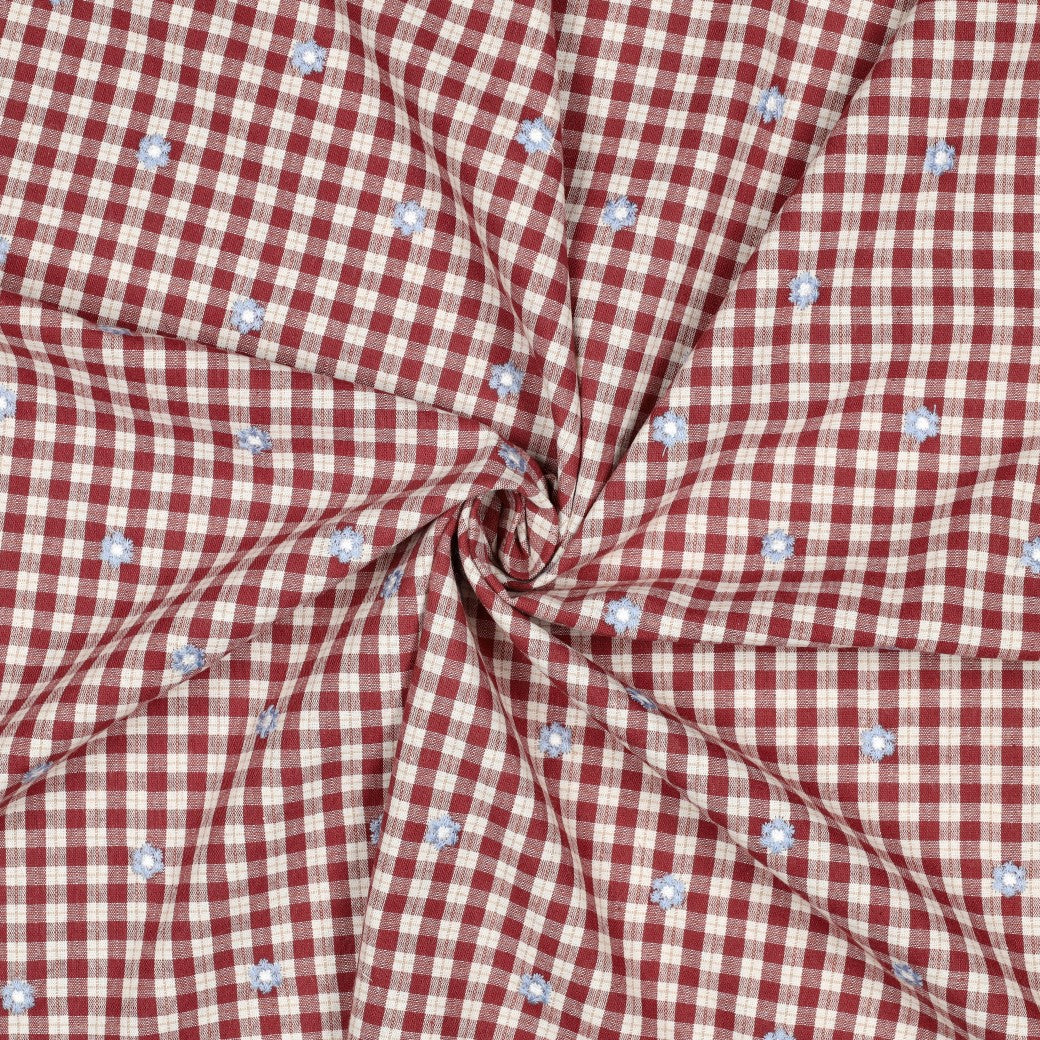 Embroidered Flowers on Rosewood Gingham Cotton Viscose Fabric