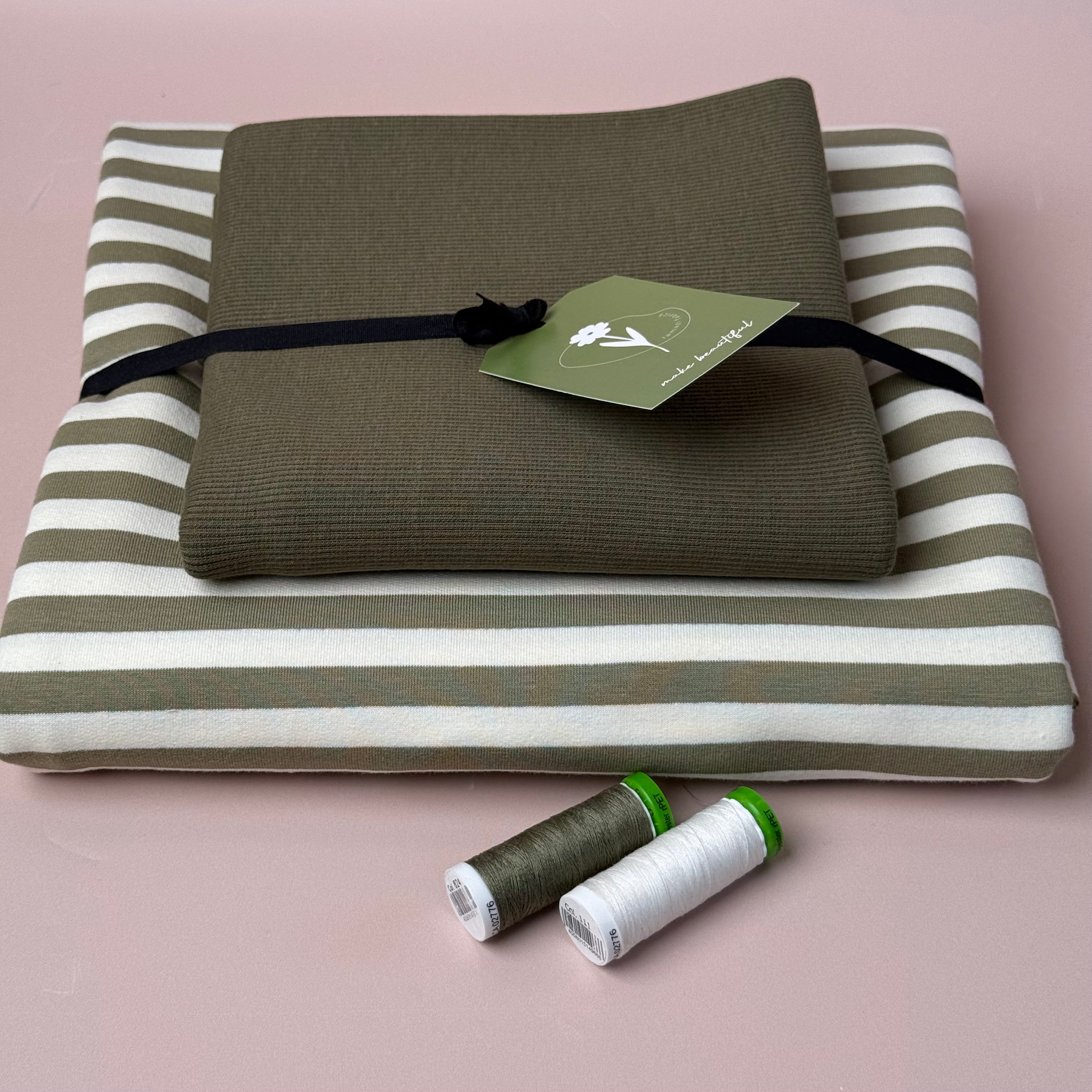 Colour Bundles - Tea Green Stripe Cotton French Terry & Ribbing