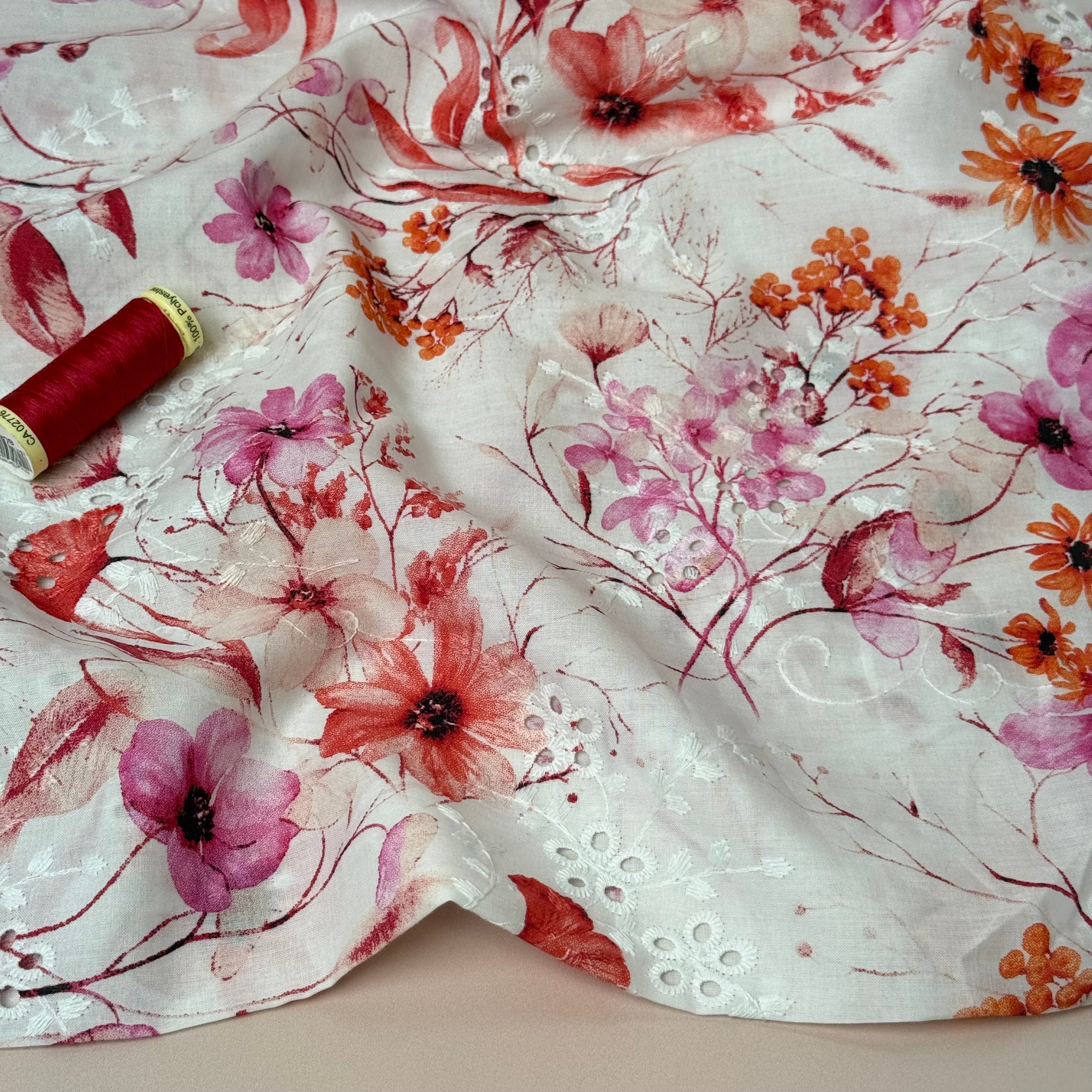 Red & Pink Flowers on Embroidered White Cotton Voile Fabric