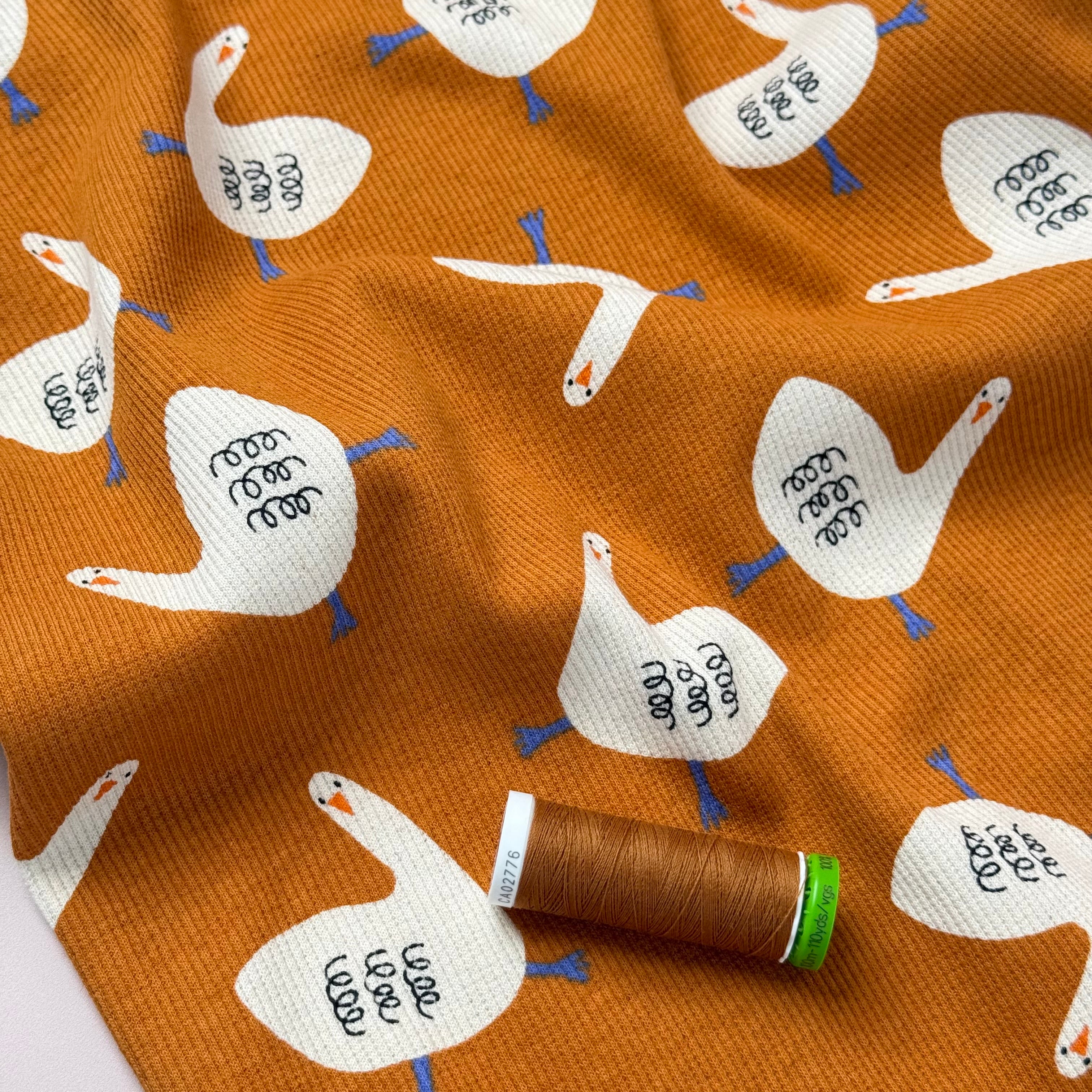 Geese on Ochre Organic GOTS Cotton Ribbed Jersey