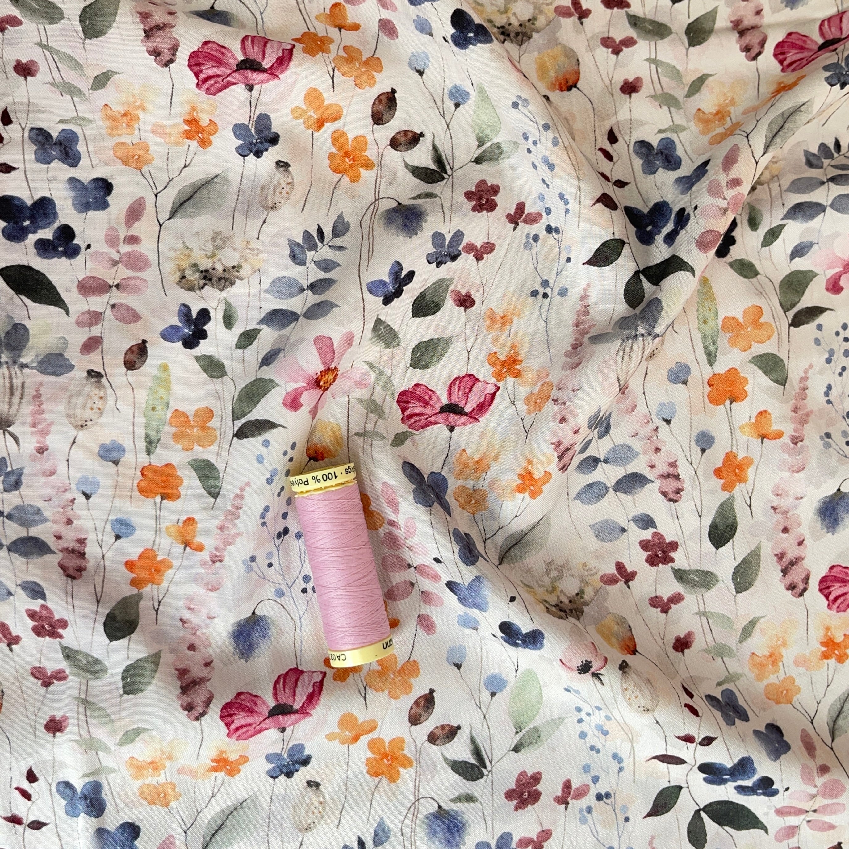 REMNANT 2.26 Metres - Watercolour Meadow Flowers Viscose Fabric