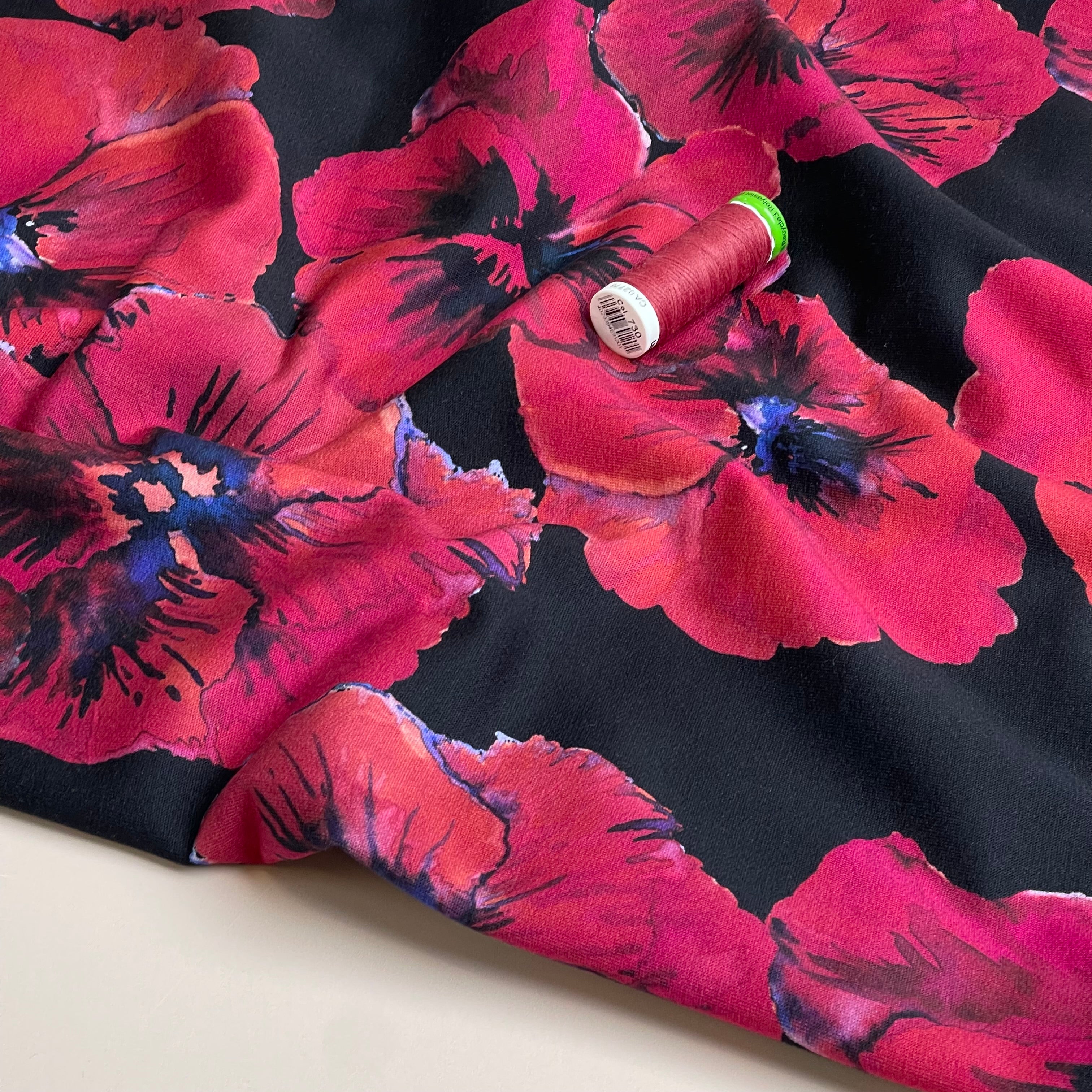 Poppies on Black Cotton French Terry Fabric