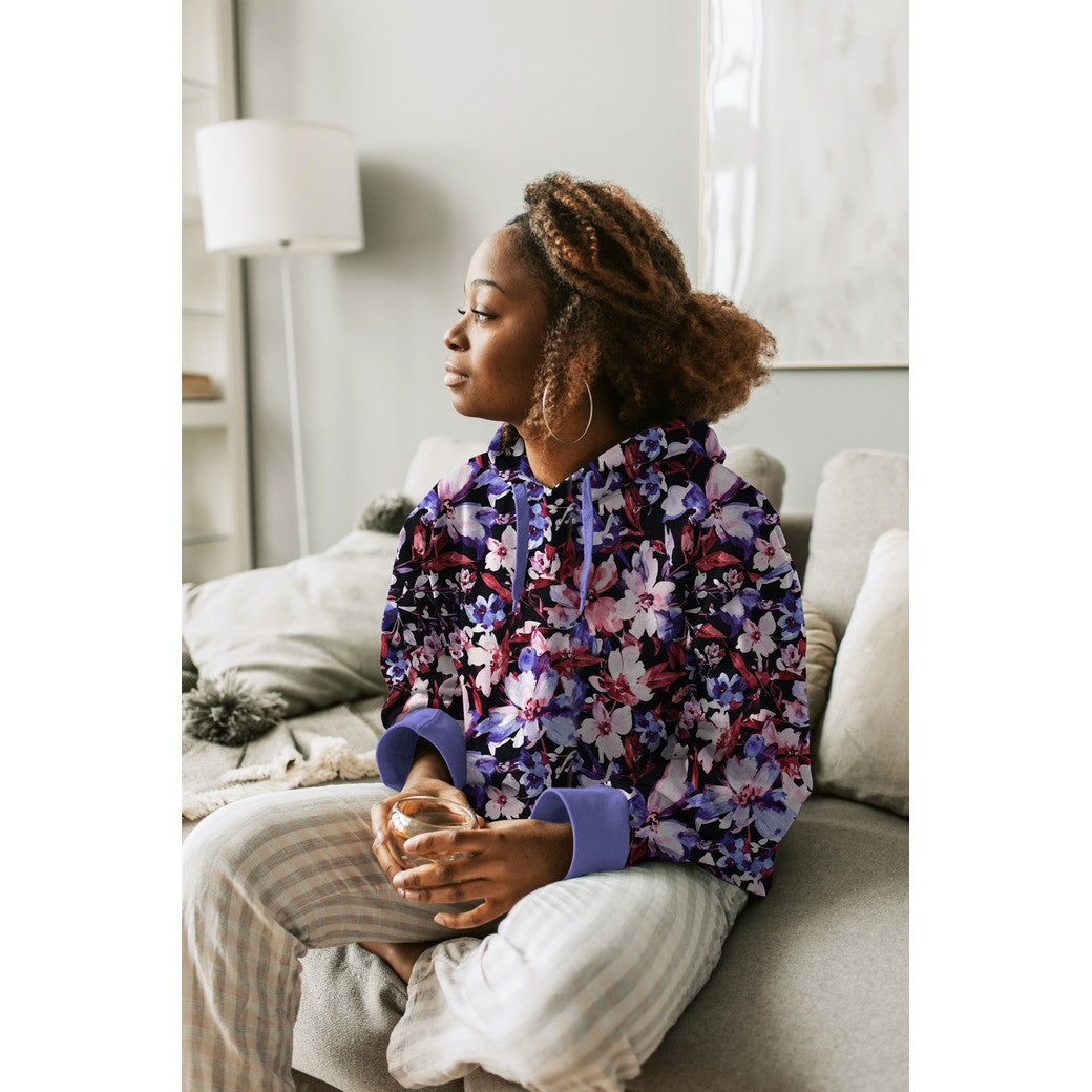 Purple Flowers Black Cotton Sweat-shirting Fabric