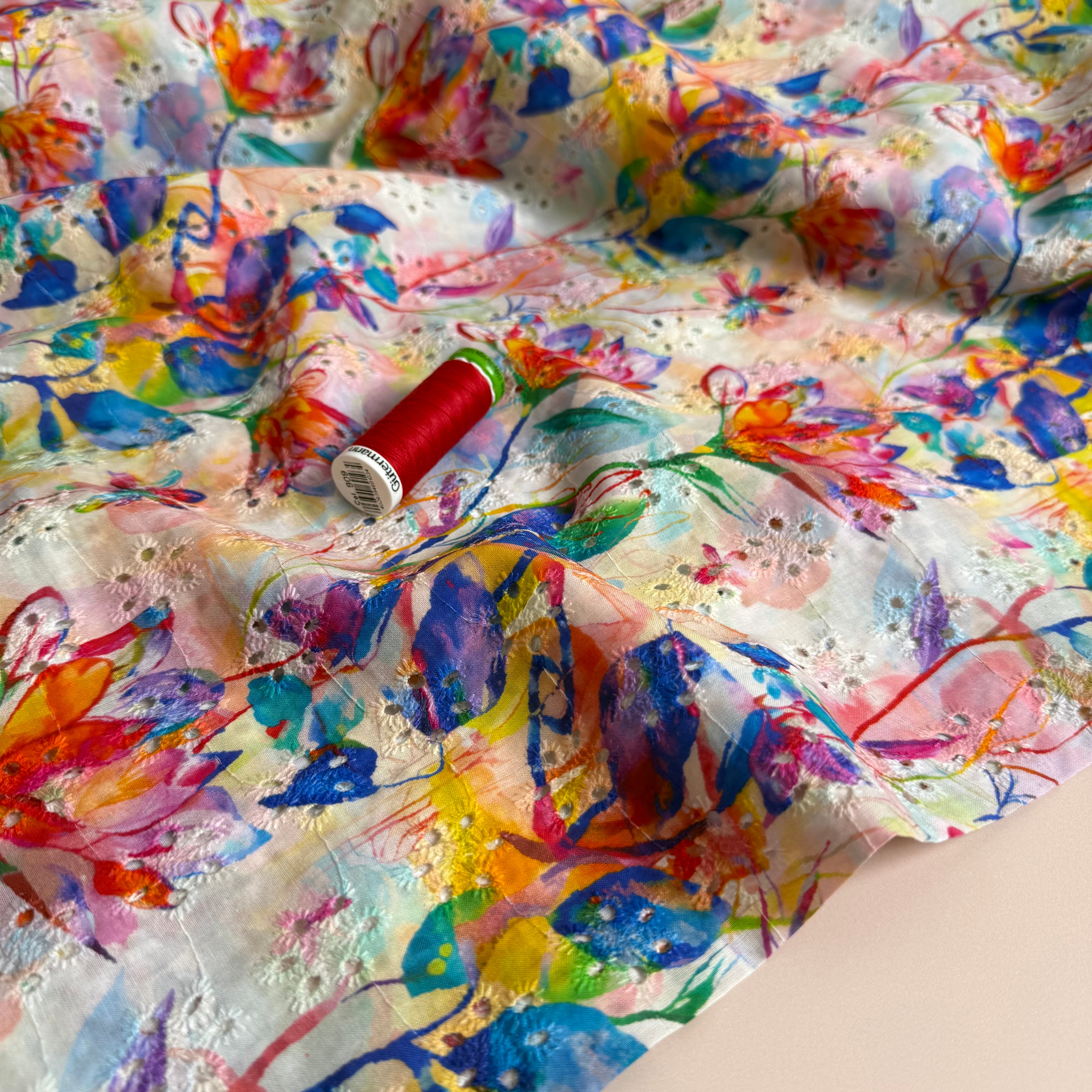 Rainbow Flowers on Embroidered Cotton Voile Fabric