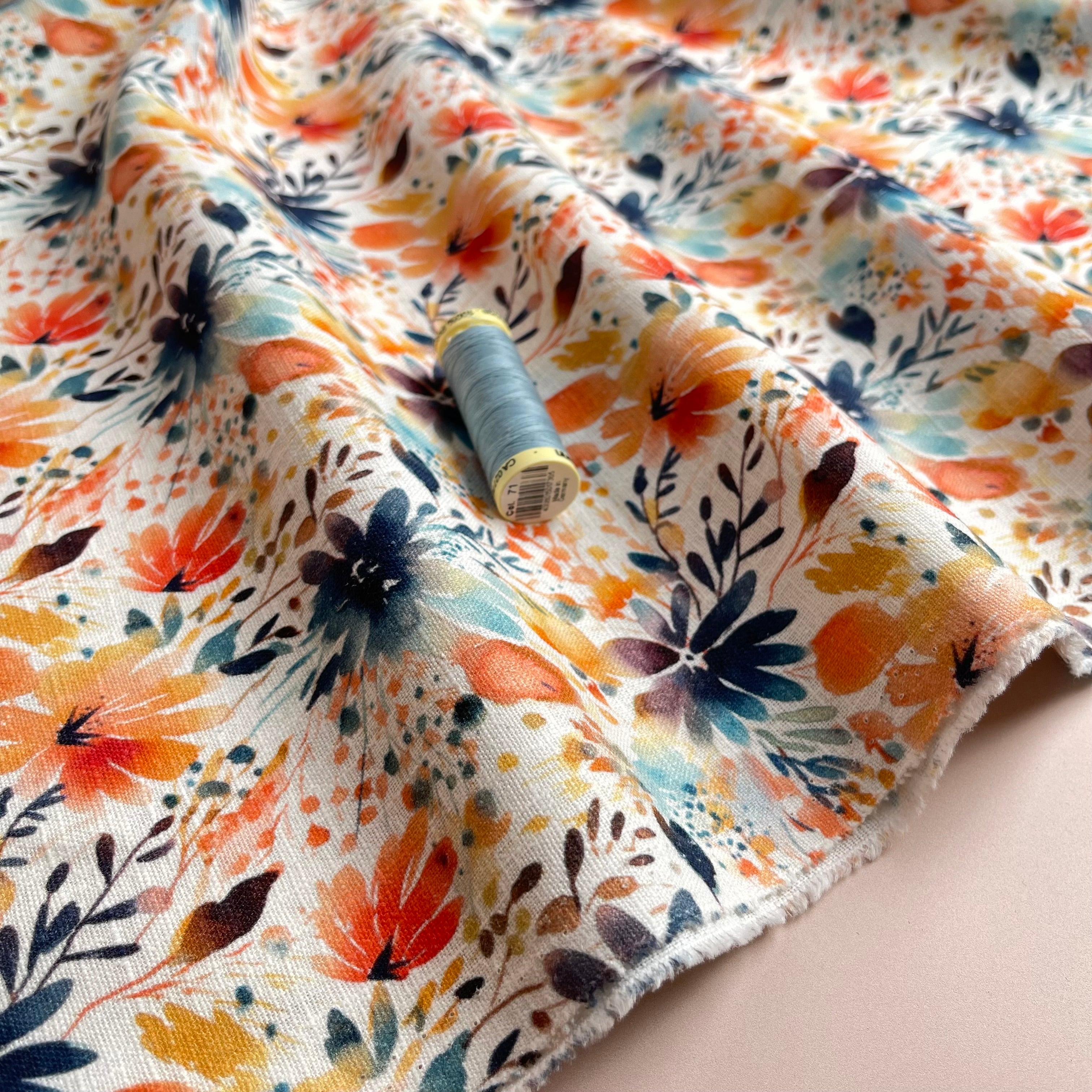 Orange Flowers Linen Cotton Blend Fabric