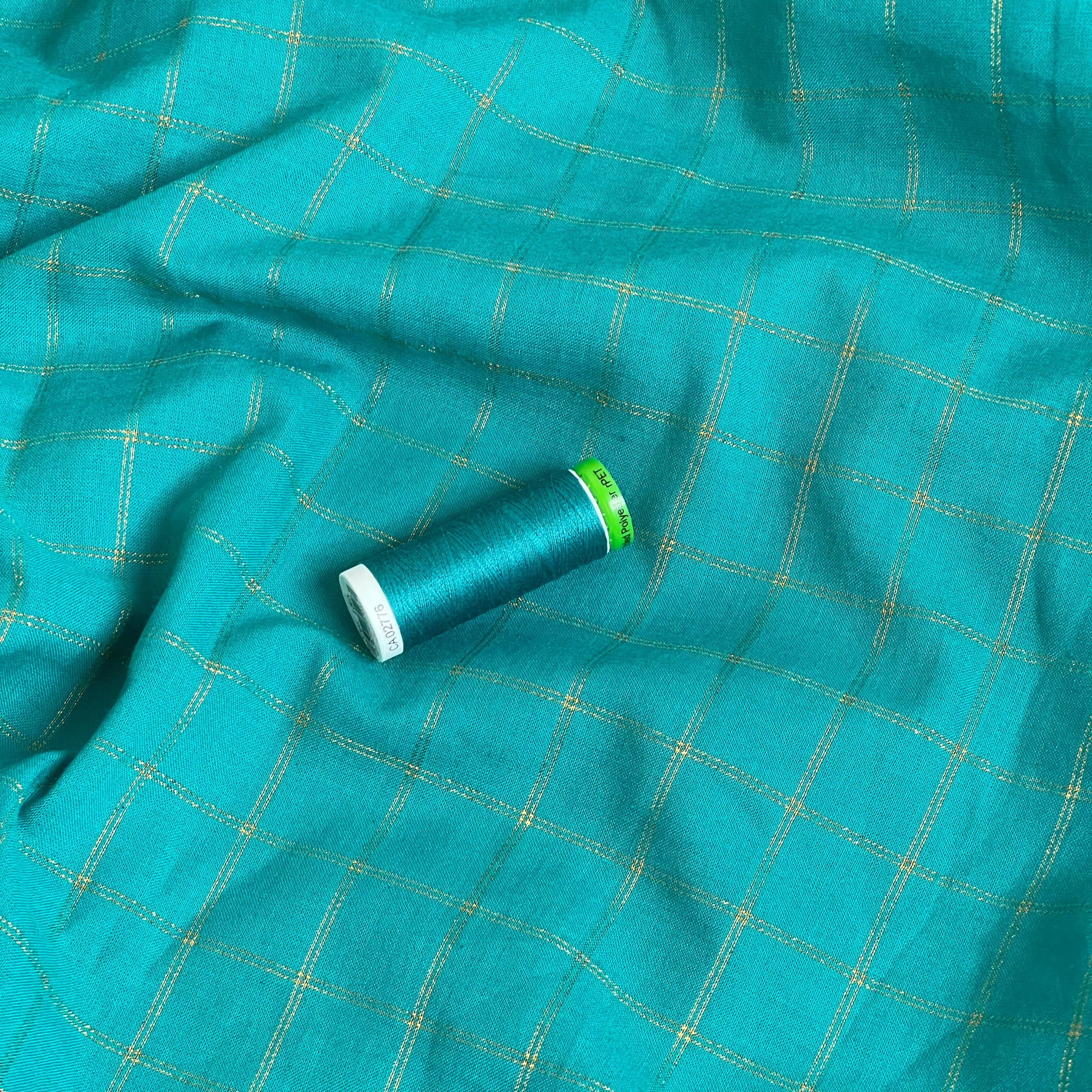 Ex Designer Deadstock - Gold Lurex Check on Teal Cotton Fabric