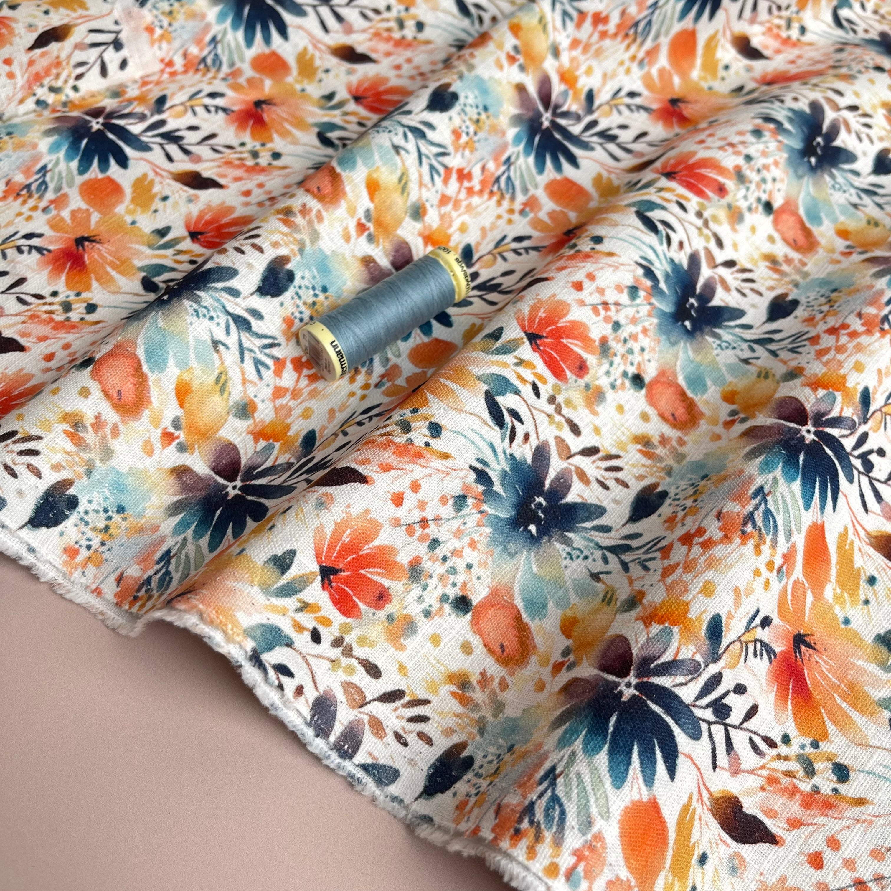 Orange Flowers Linen Cotton Blend Fabric