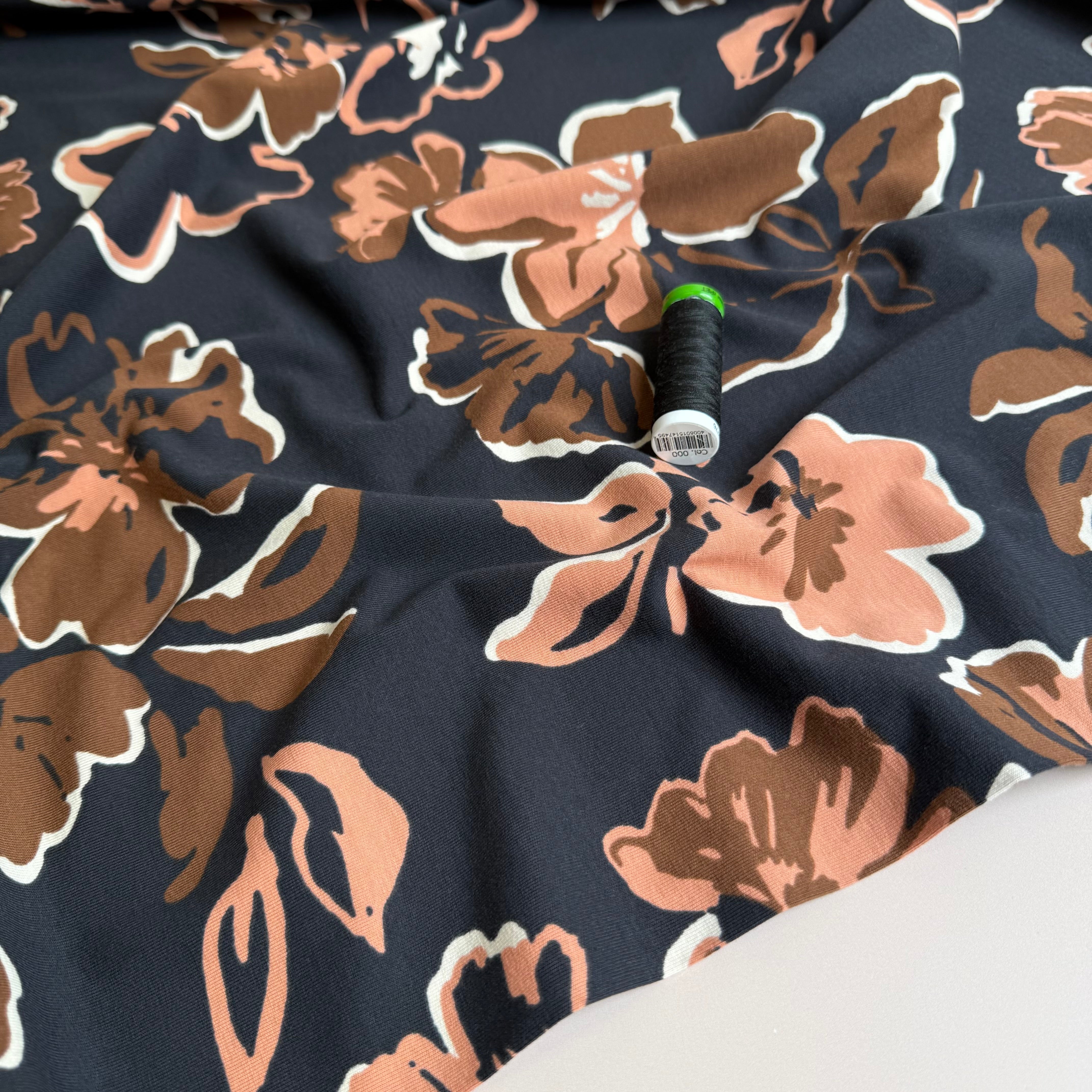 Painted Large Flowers on Black Cotton Jersey Fabric