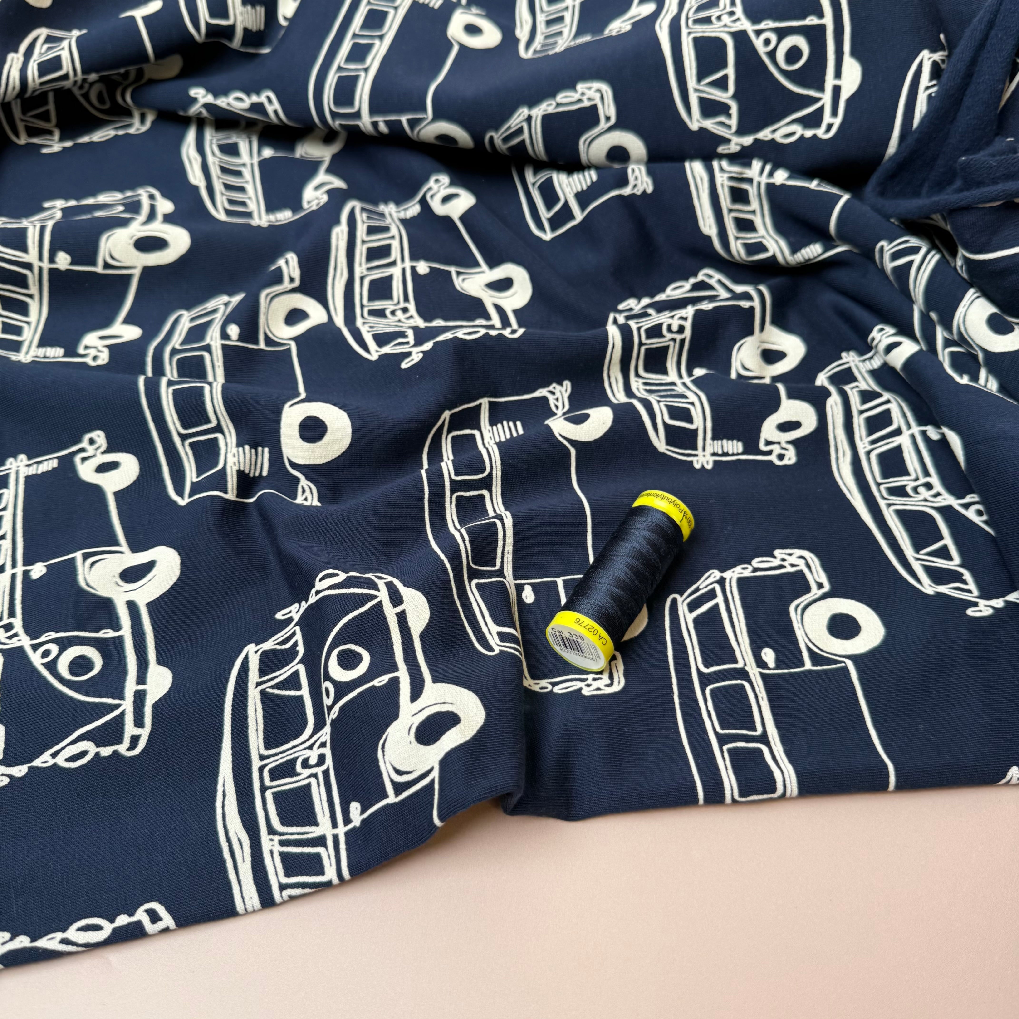 Camper Vans in Navy Peach Soft Cotton Sweat-shirting Fabric