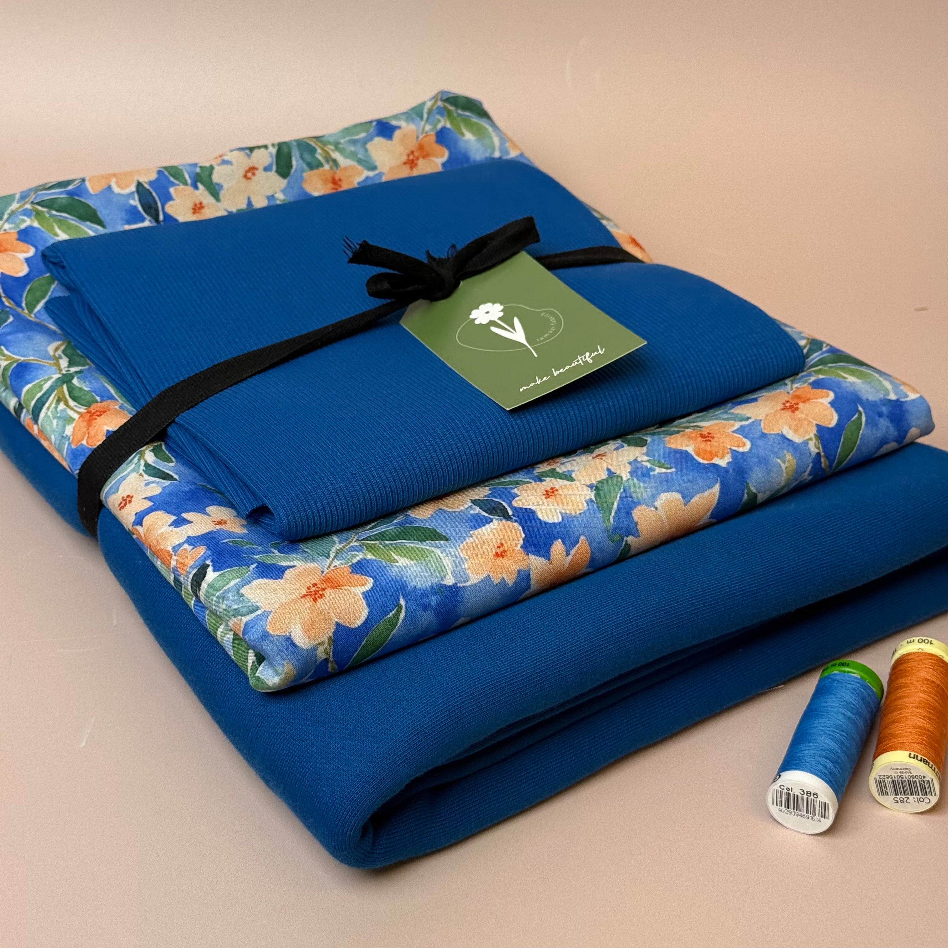 Make an Outfit Colour Bundle - Peach Flowers Viscose & Brushed Sweatshirt in Intense Blue with Ribbing