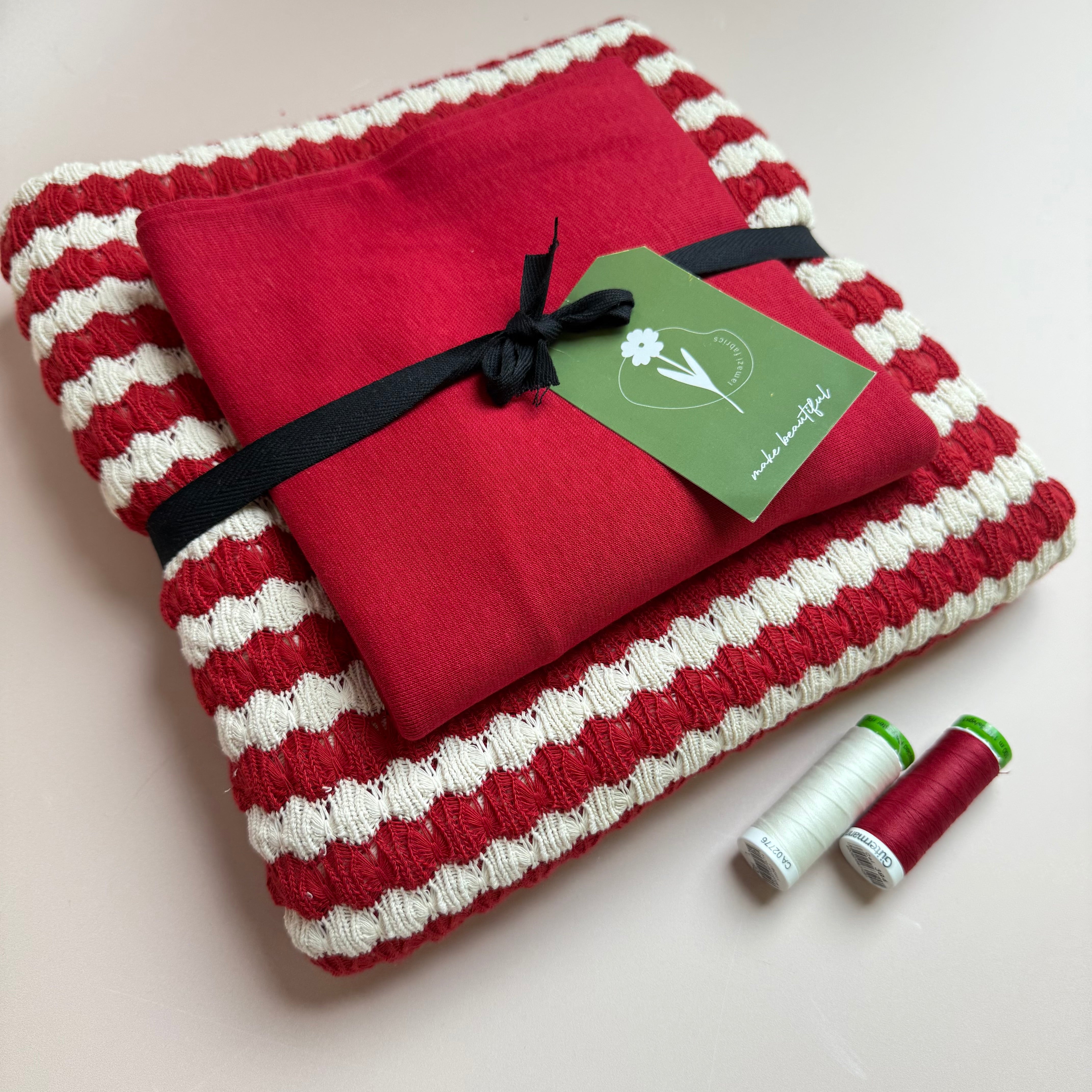 Make an Outfit Colour Bundles & Sewing Kit- Arielle Top in Summer Knitted Jacquard Red & Matching Ribbing