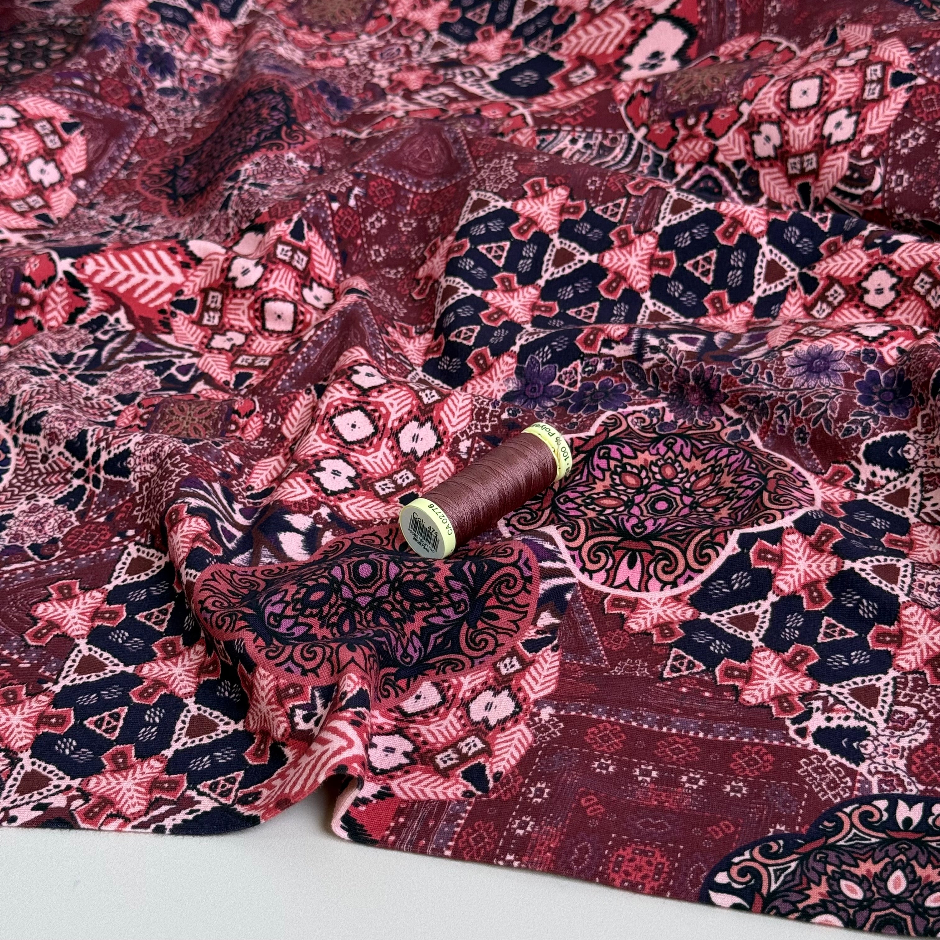 Ornamental Deco Burgundy Cotton Jersey Fabric