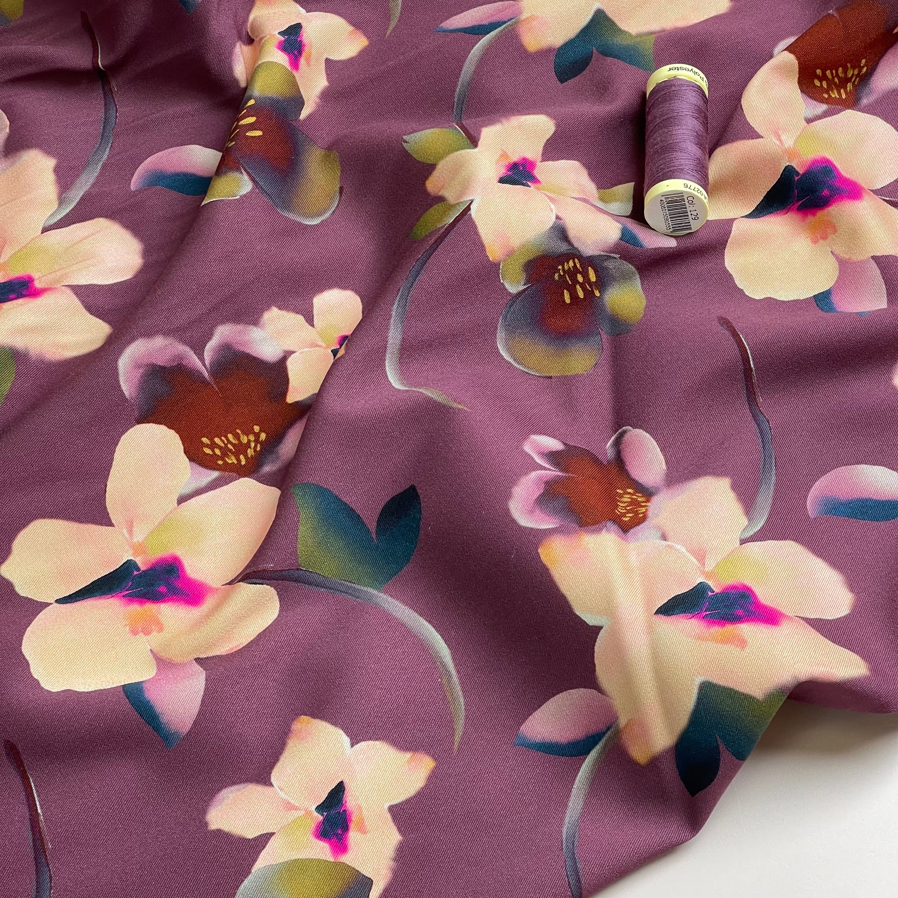 Rosella Watercolour Flowers Plum Viscose Twill with Stretch