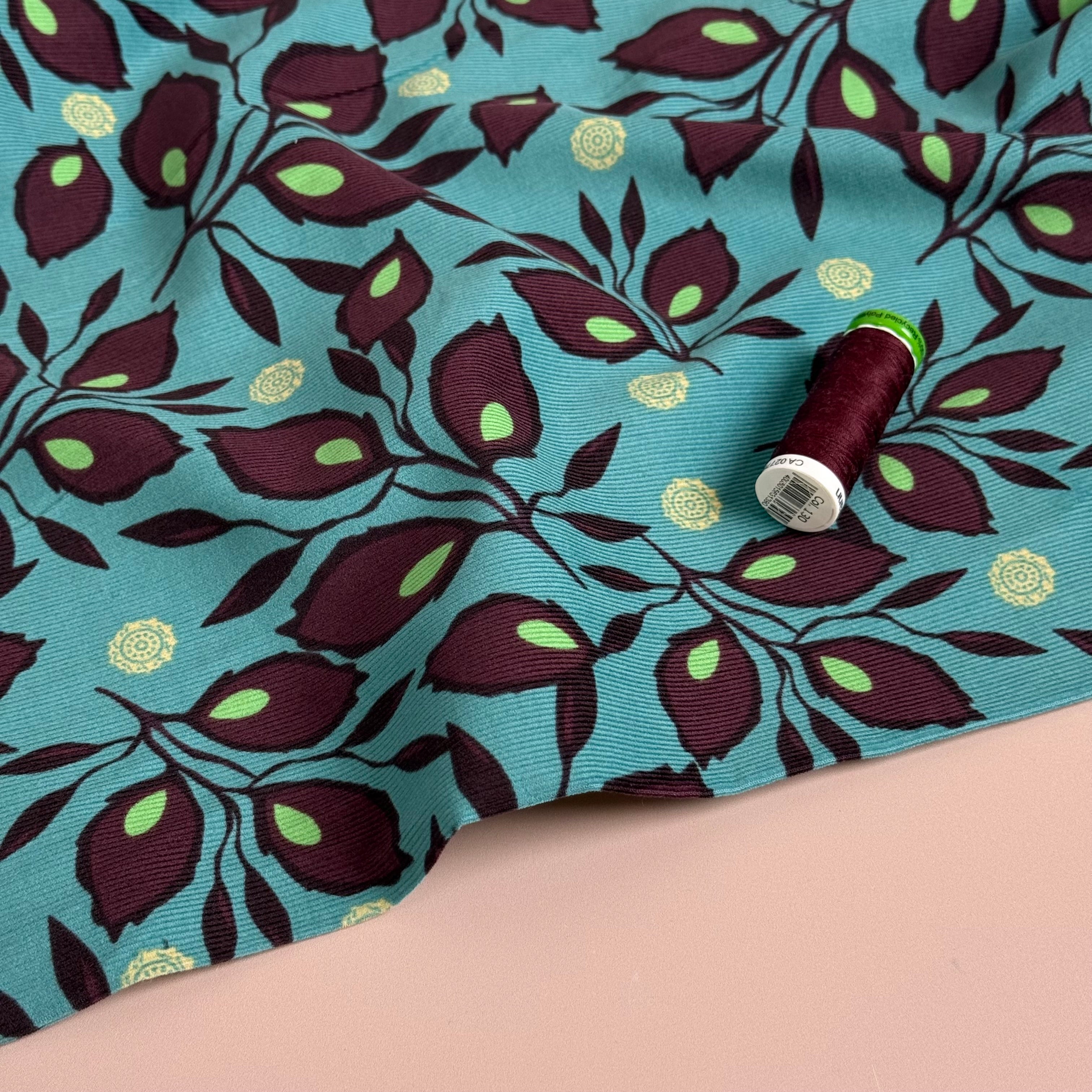 Mahogany Leaves on Petrol Cotton Needlecord
