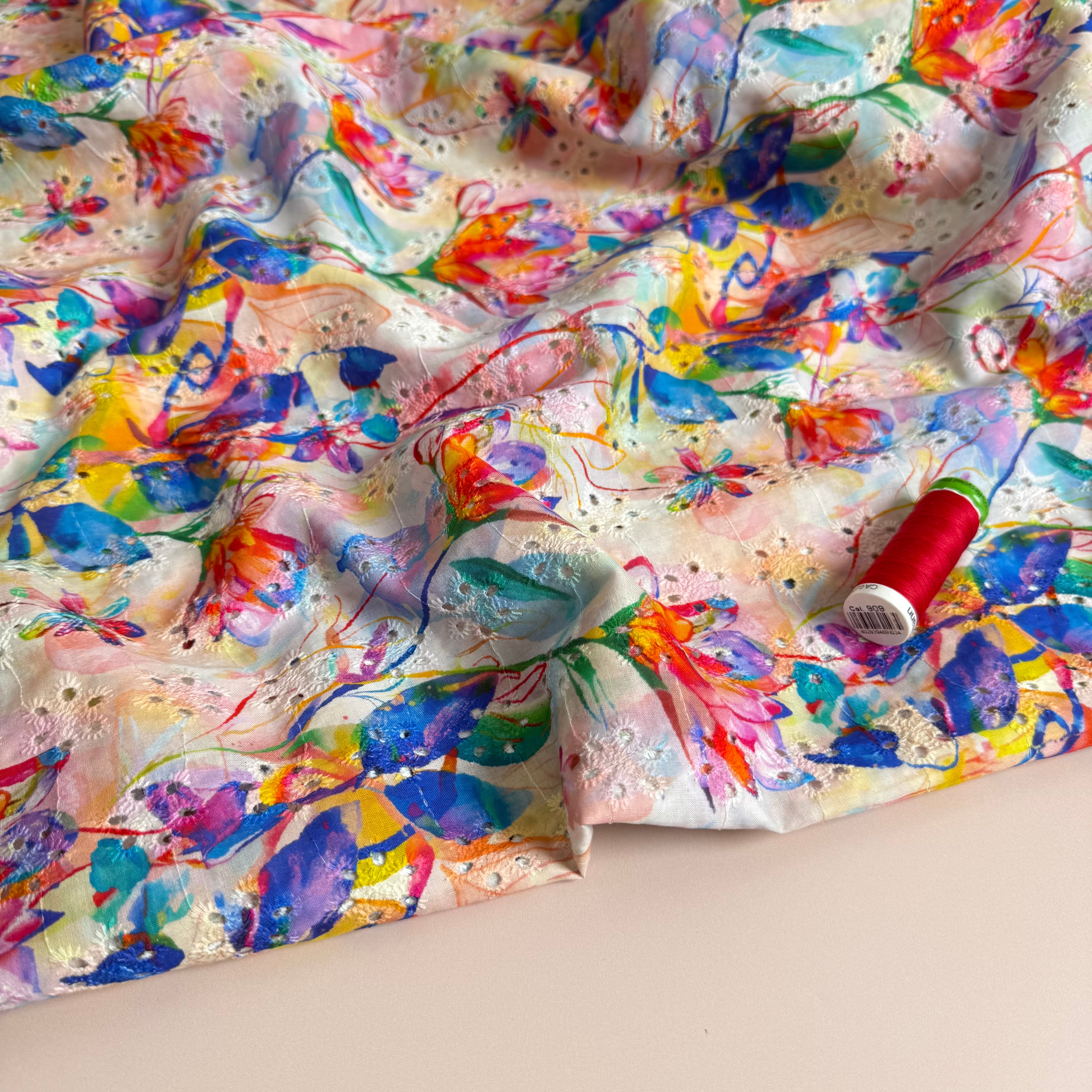 Rainbow Flowers on Embroidered Cotton Voile Fabric