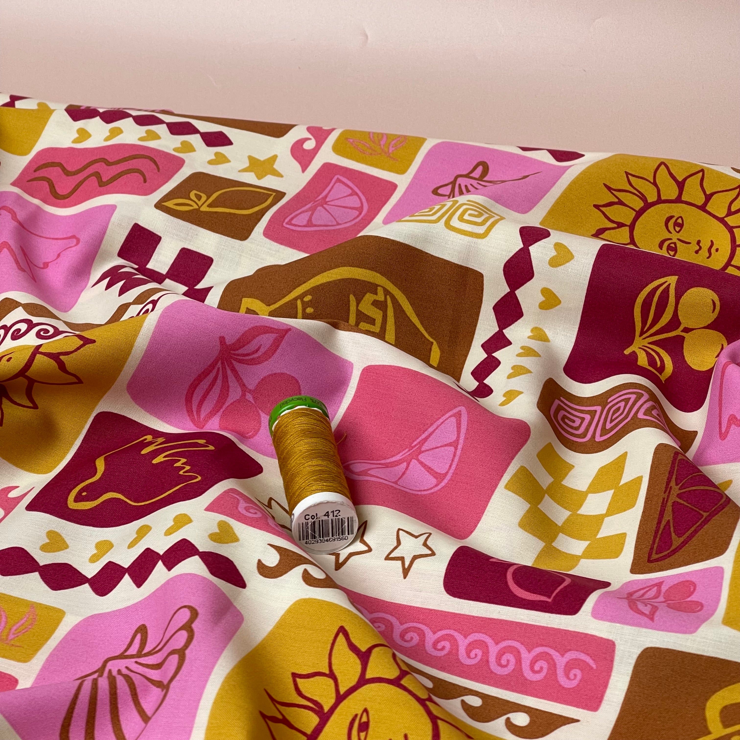 Funky Patchwork Postcard Ochre Fine Cotton Poplin Fabric