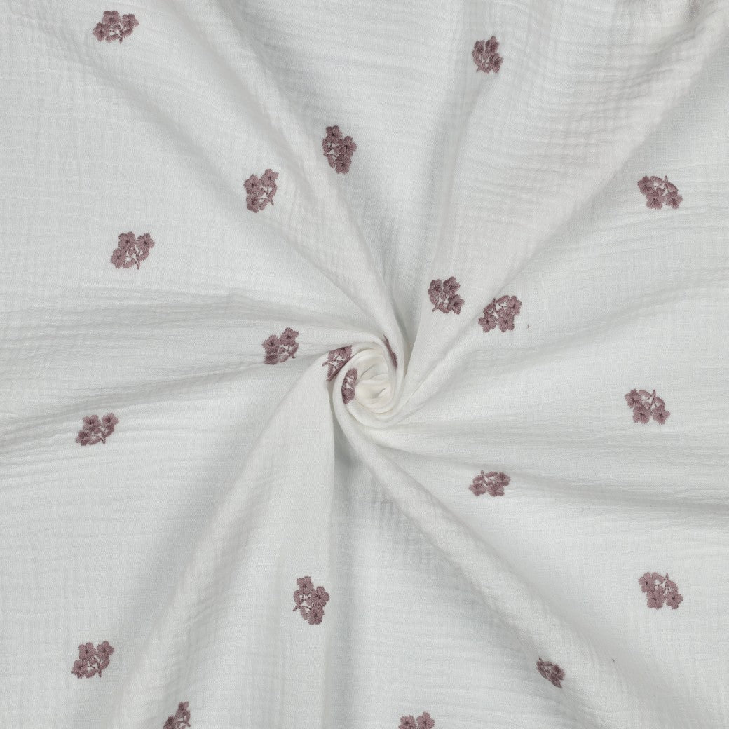 Embroidered Pink Flowers on White Cotton Double Gauze