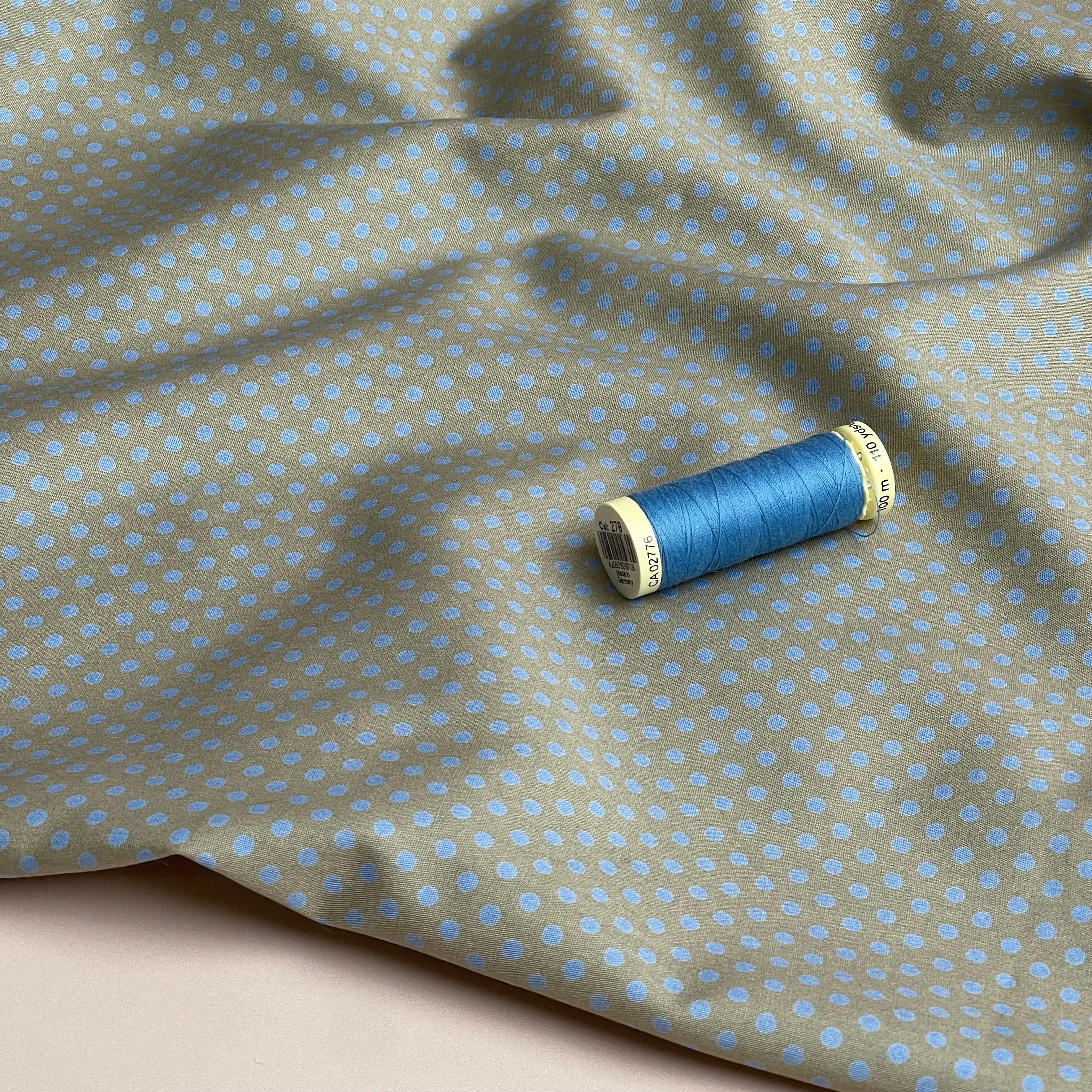 Blue Polka Dots on Grey Cotton Poplin Fabric