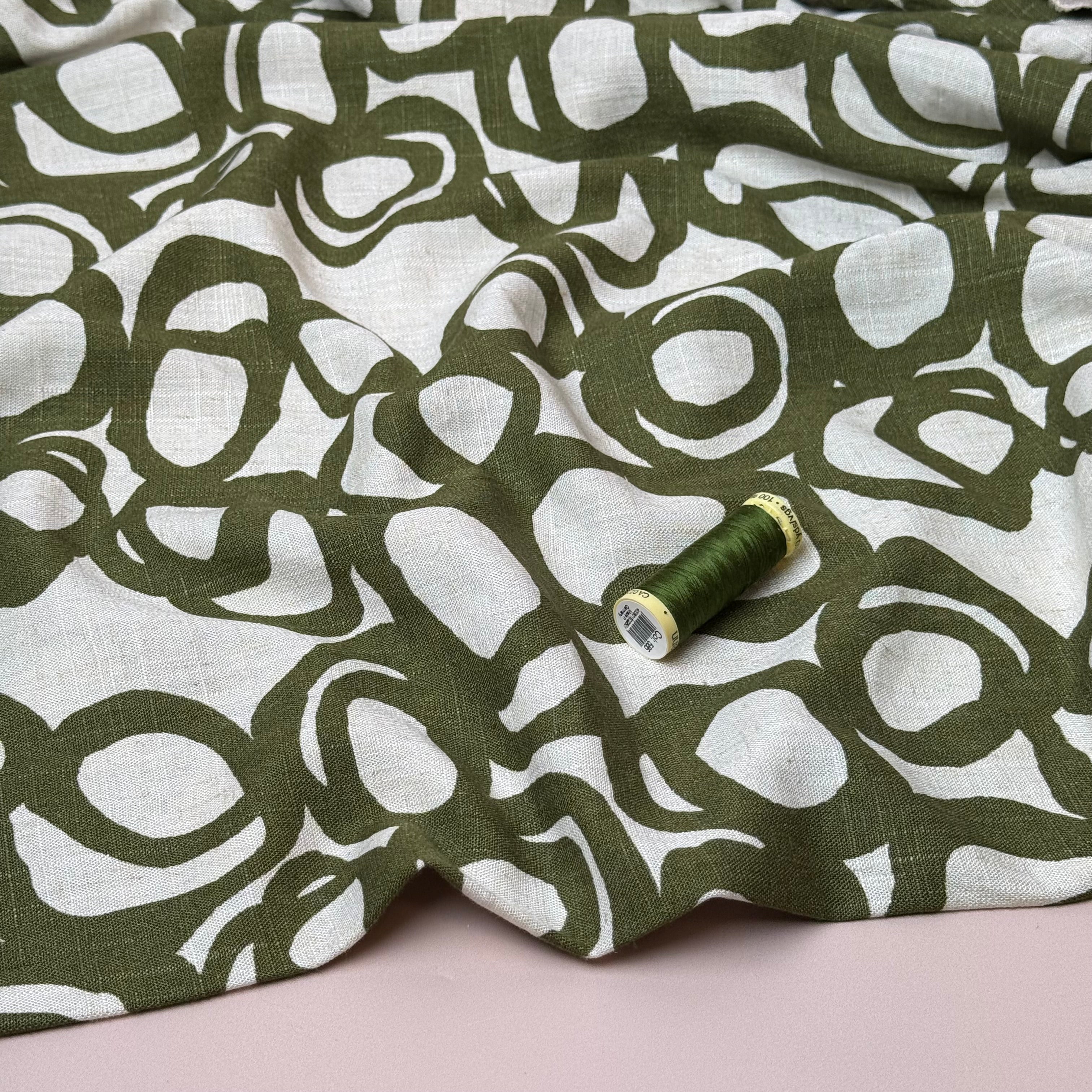Swirls Olive on Neutral Viscose Linen Fabric