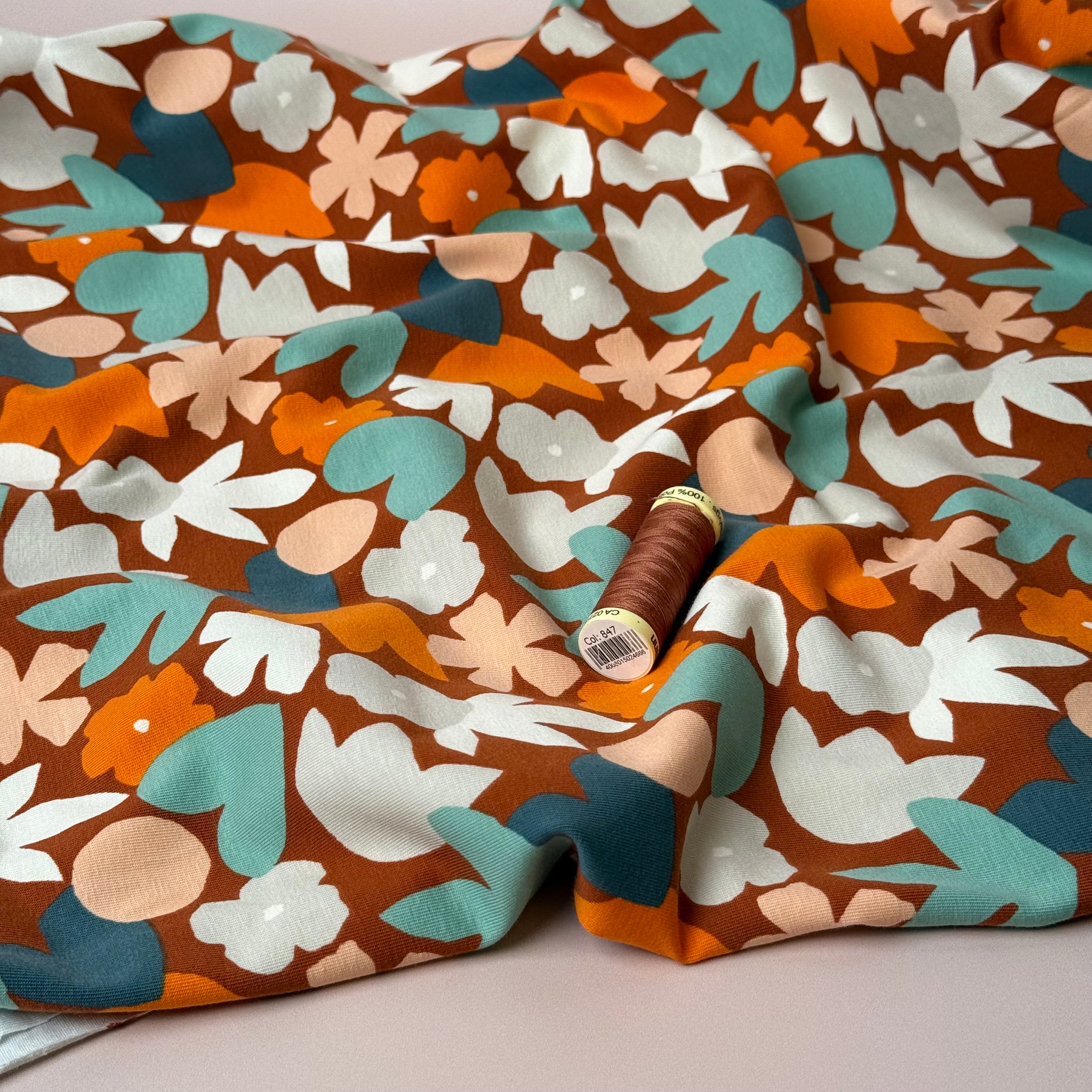 Autumn Flowers Cotton Jersey Fabric
