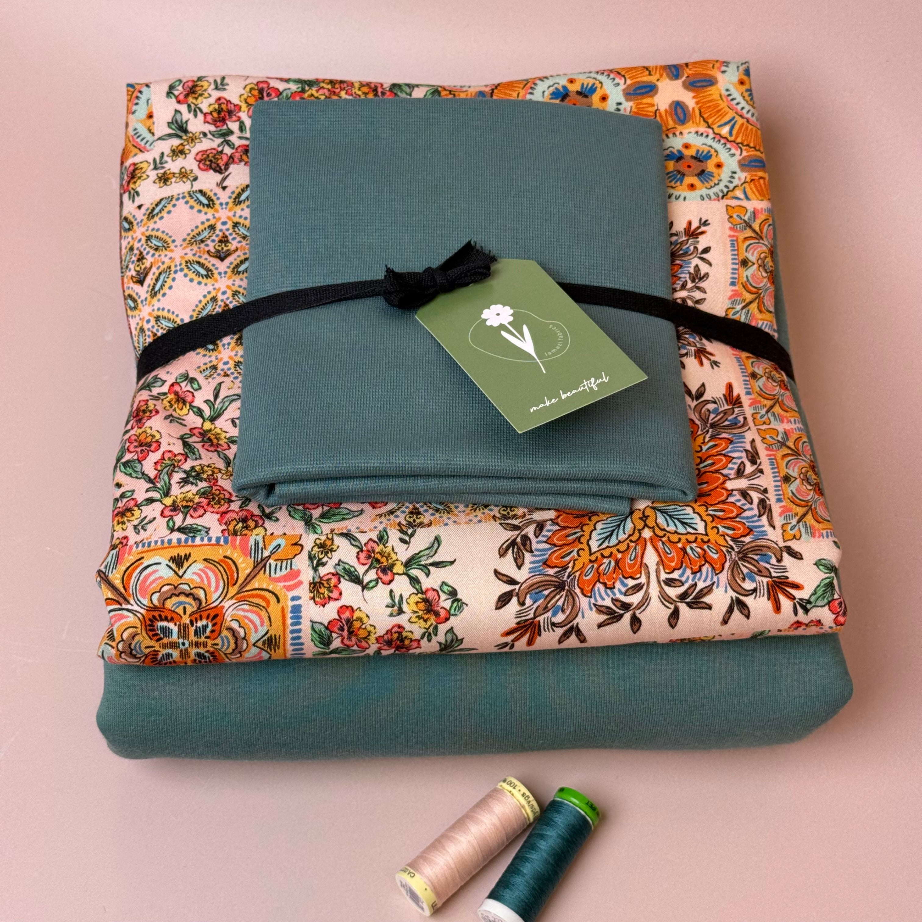 Make an Outfit Colour Bundle - Patchwork Viscose Twill & Sweatshirting in Sea Pine with Ribbing