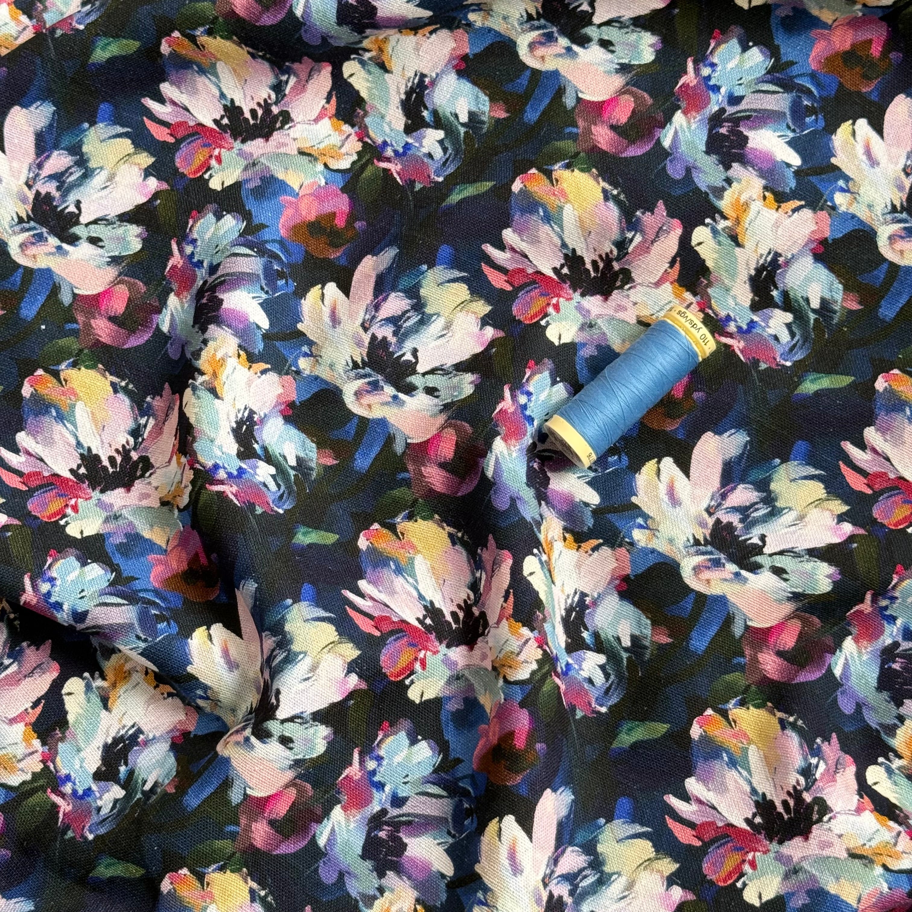 Painted Midnight Flowers Viscose Linen Fabric