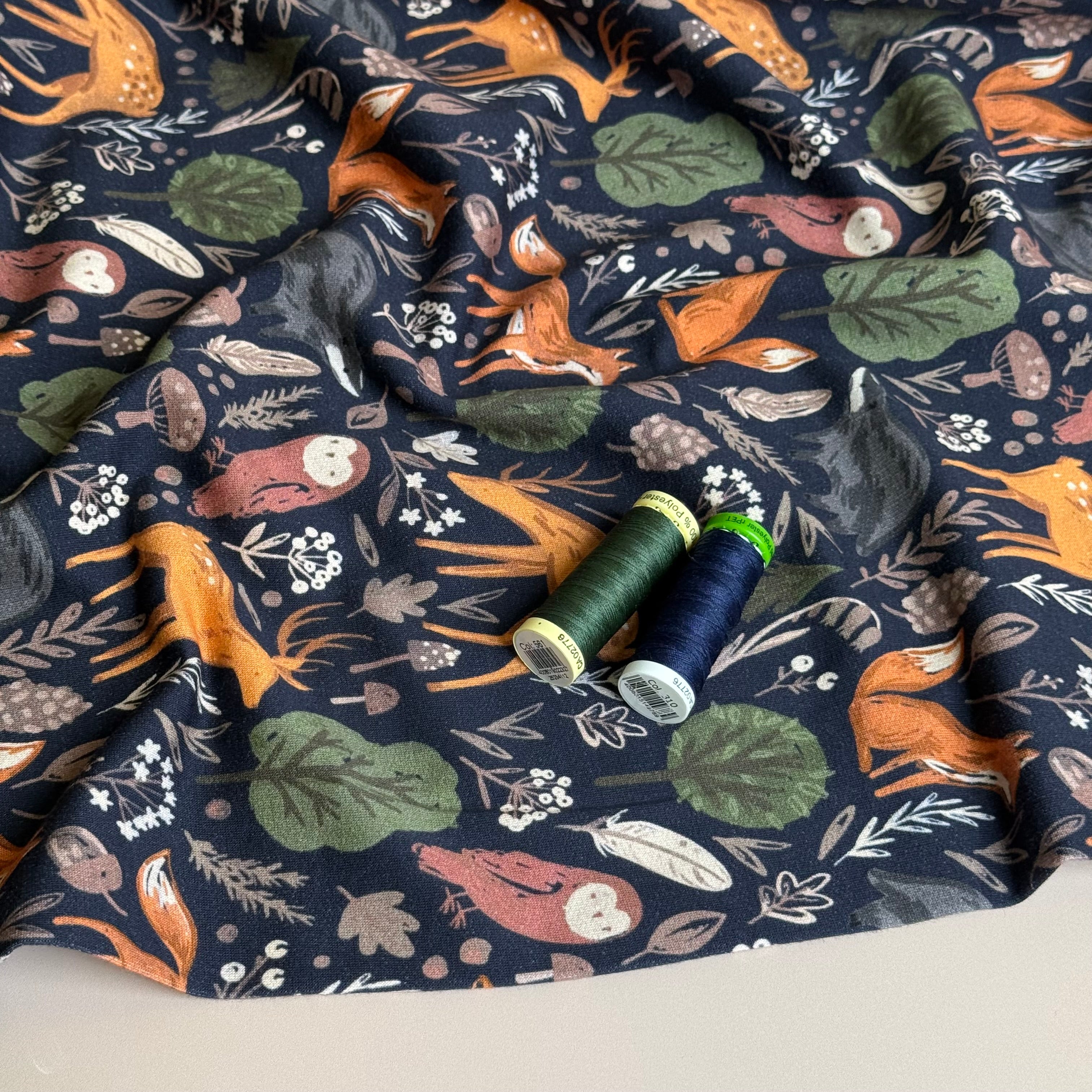 Woodland Anmals on Dark Navy Cotton Sweat Shirting Fabric