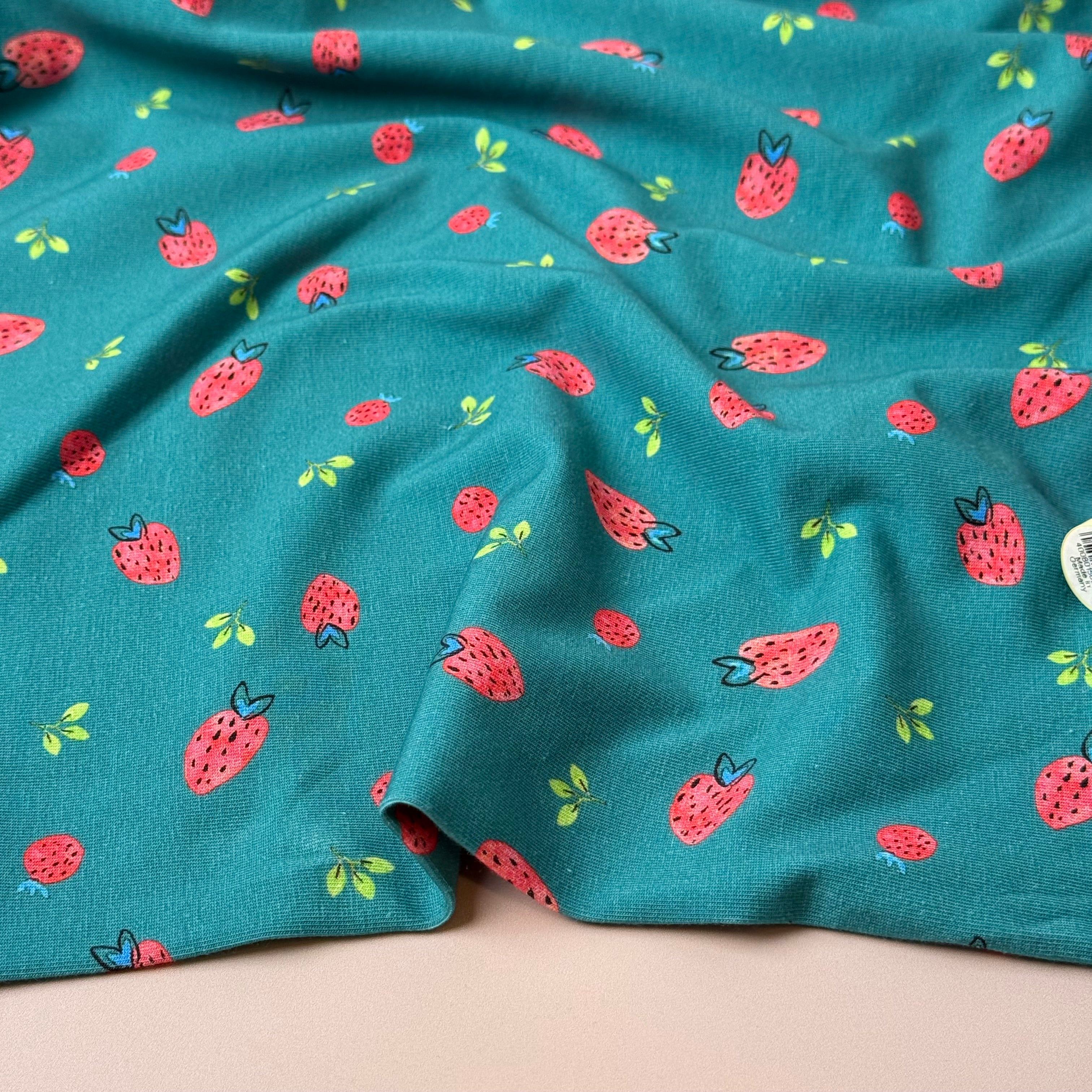 Strawberries on Teal Cotton Jersey Fabric
