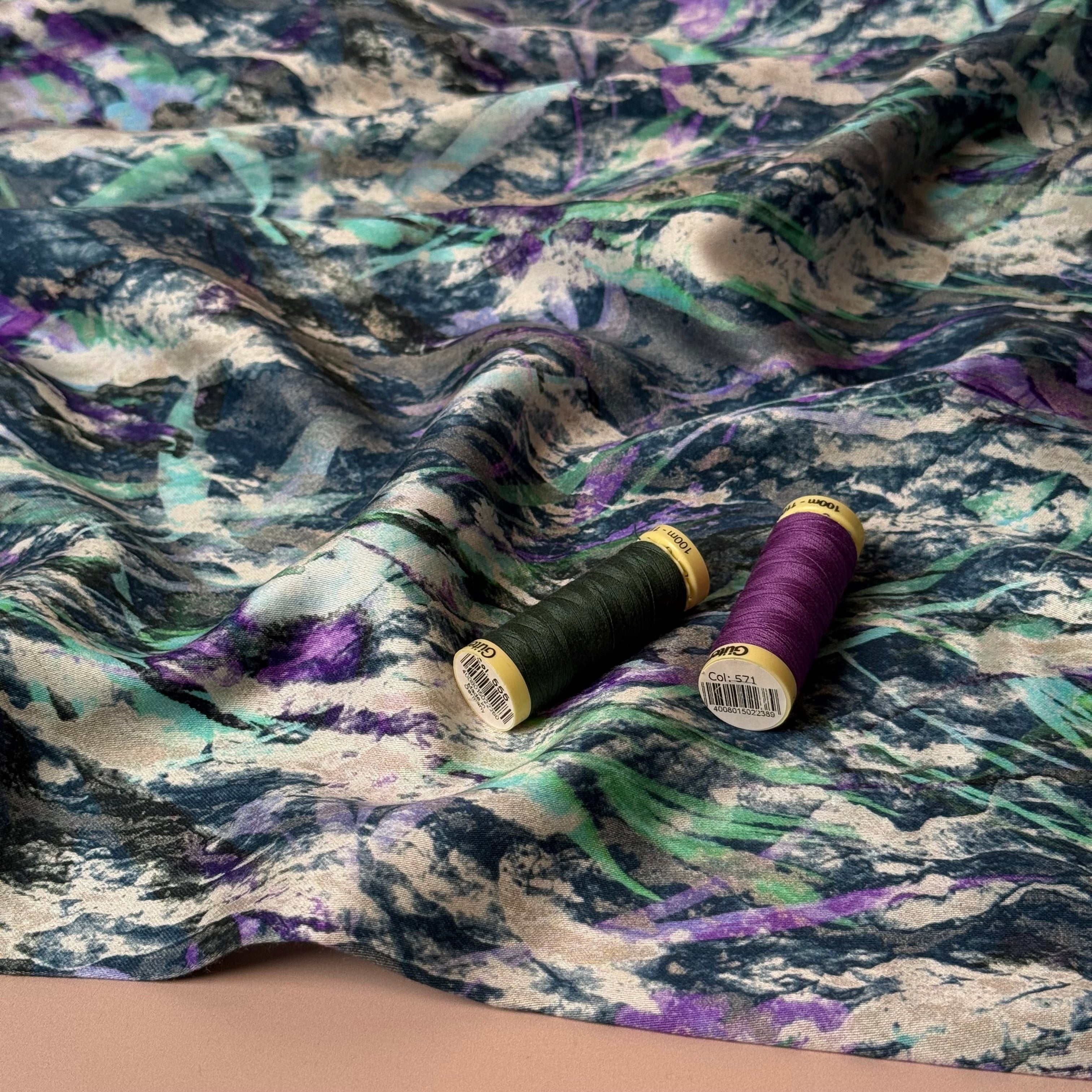 Autumn Foliage River Blue Viscose Sateen Fabric