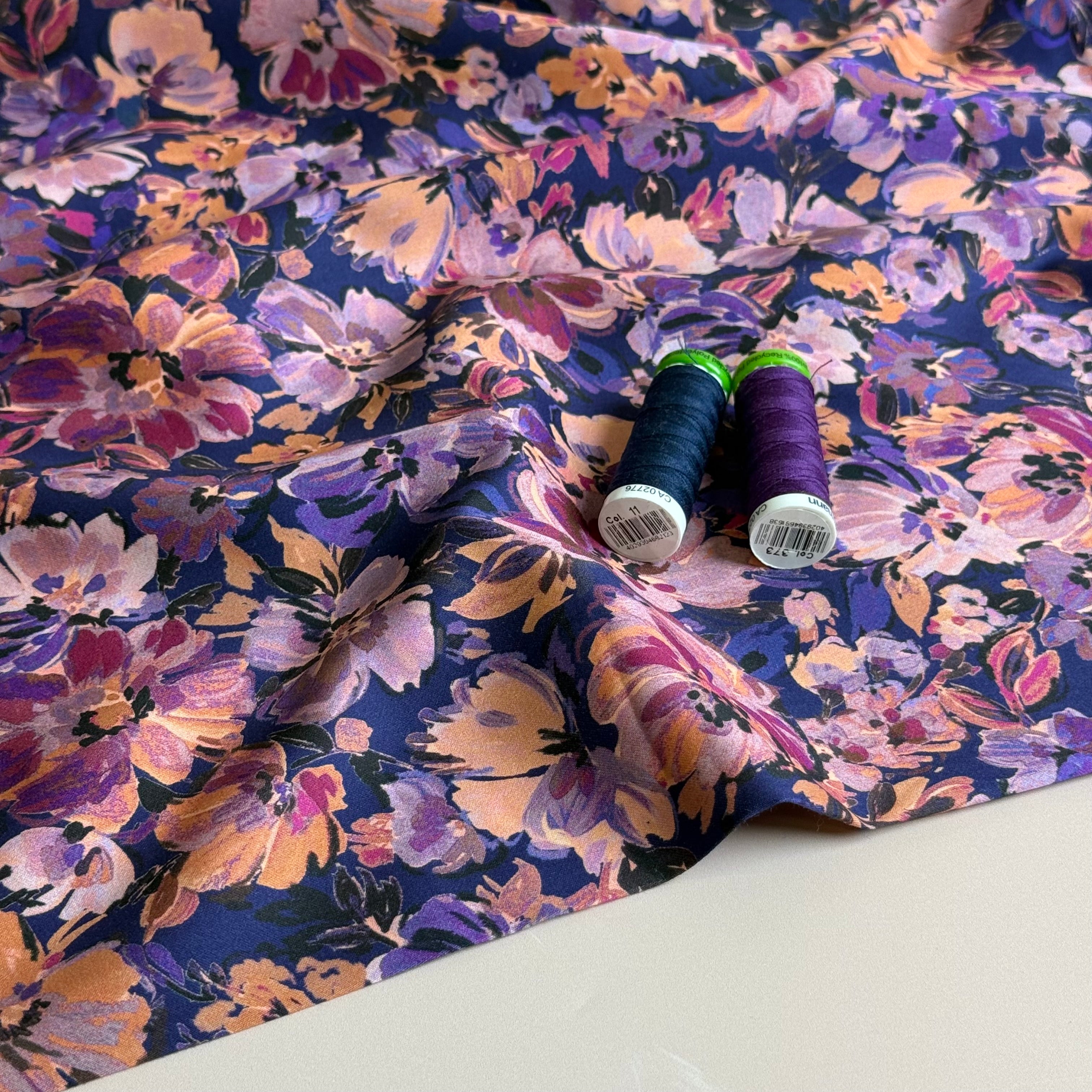 Painted Purple Flowers Cotton Sateen Fabric