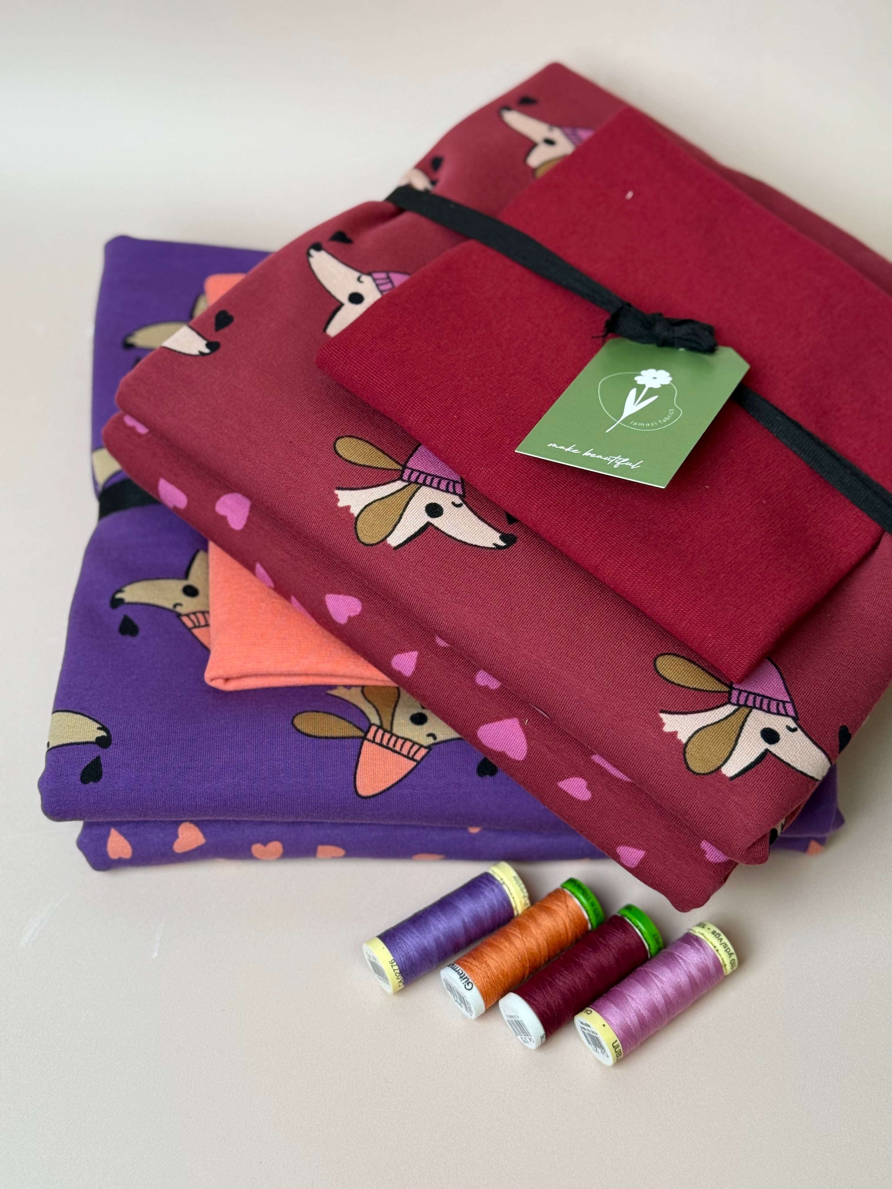 Make an Outfit Colour Bundle - Dogs and Heart Purple Cotton Sweat-shirting with Ribbing