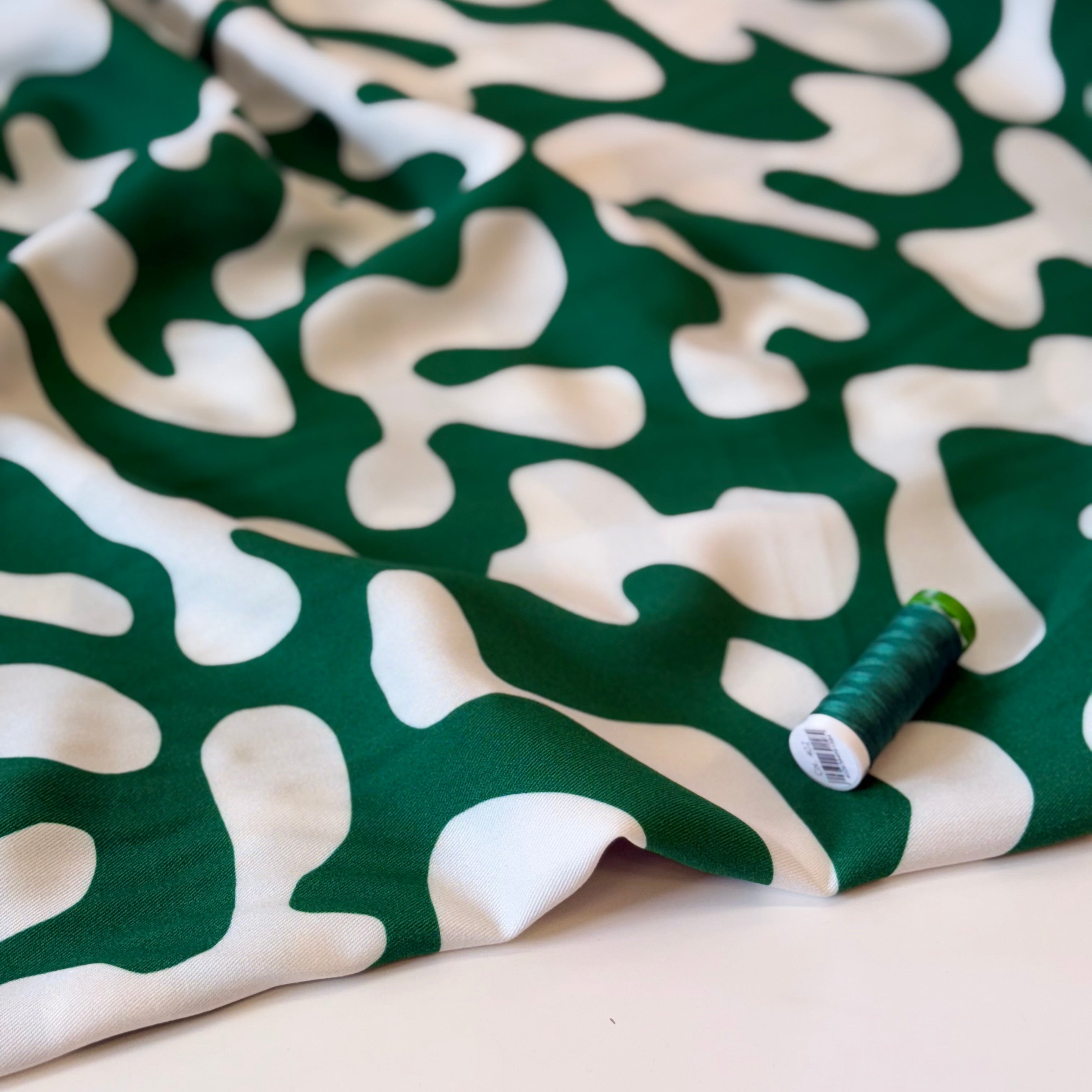 Light & Lush - Shapes on Emerald Viscose Twill Fabric