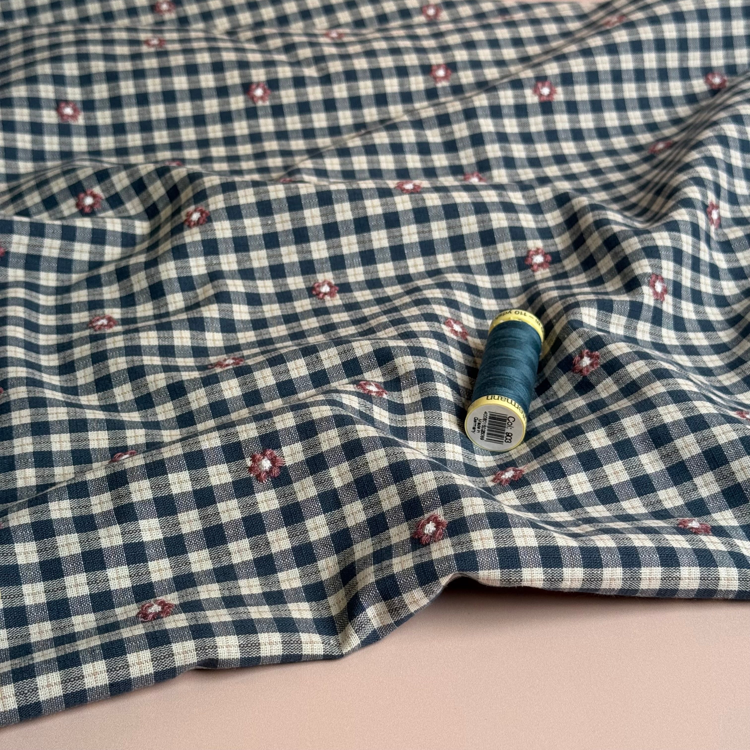 PRE-ORDER (arriving by end of October) - Embroidered Flowers on Petrol Gingham Cotton Viscose Fabric