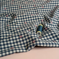 PRE-ORDER (arriving by end of October) - Embroidered Flowers on Petrol Gingham Cotton Viscose Fabric