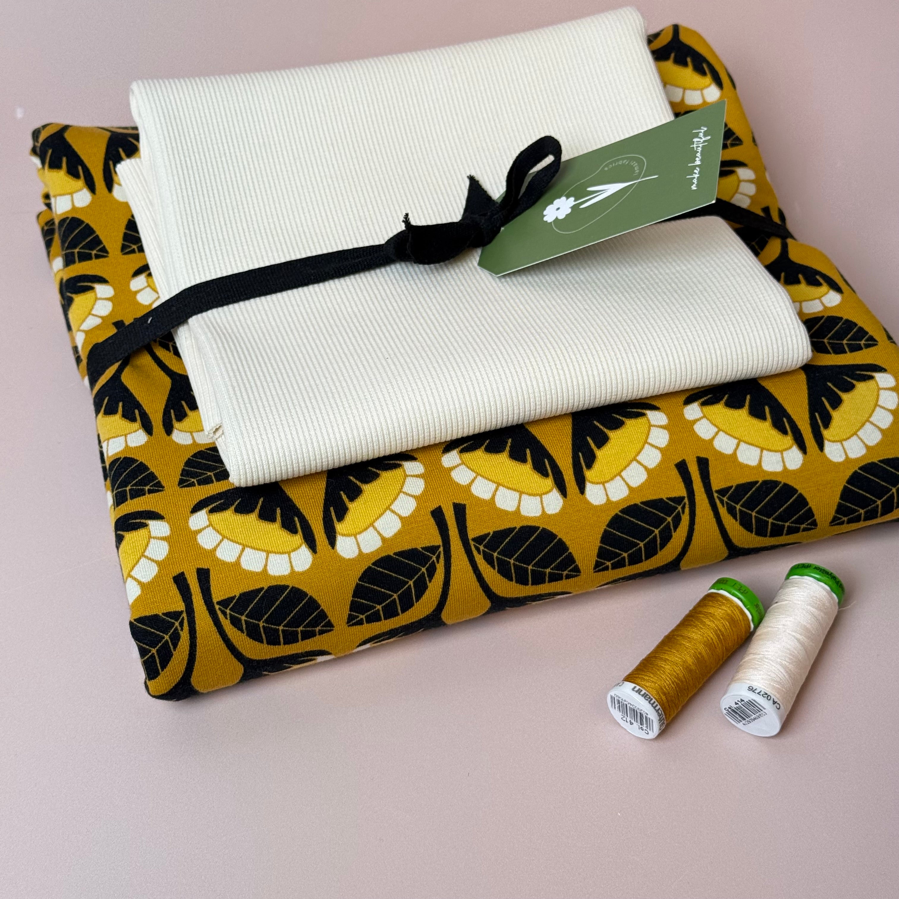 Colour Bundles - Monochrome Flowers Ochre Sweatshirt & Ribbing