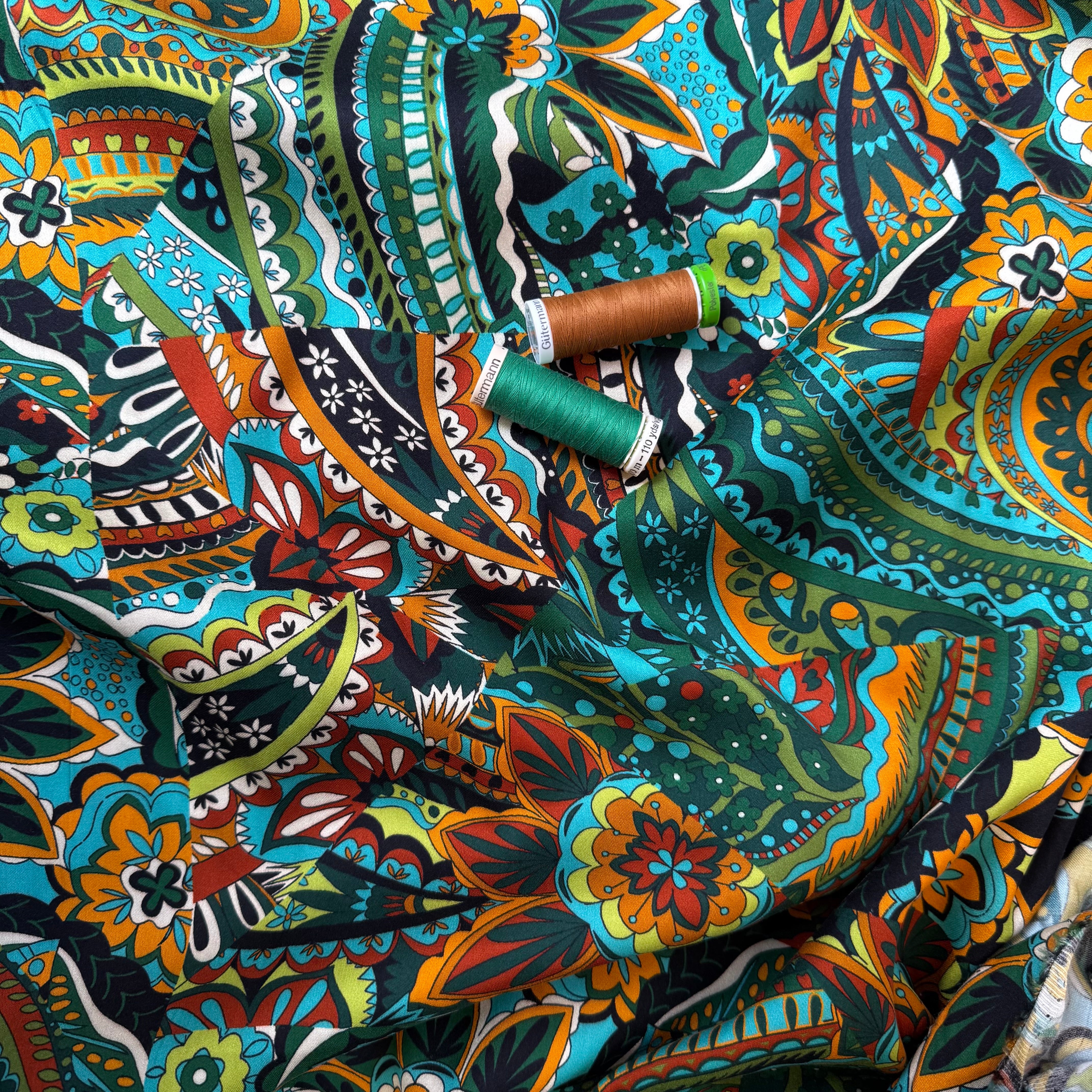 Magical Garden Forest Green Viscose Sateen Fabric