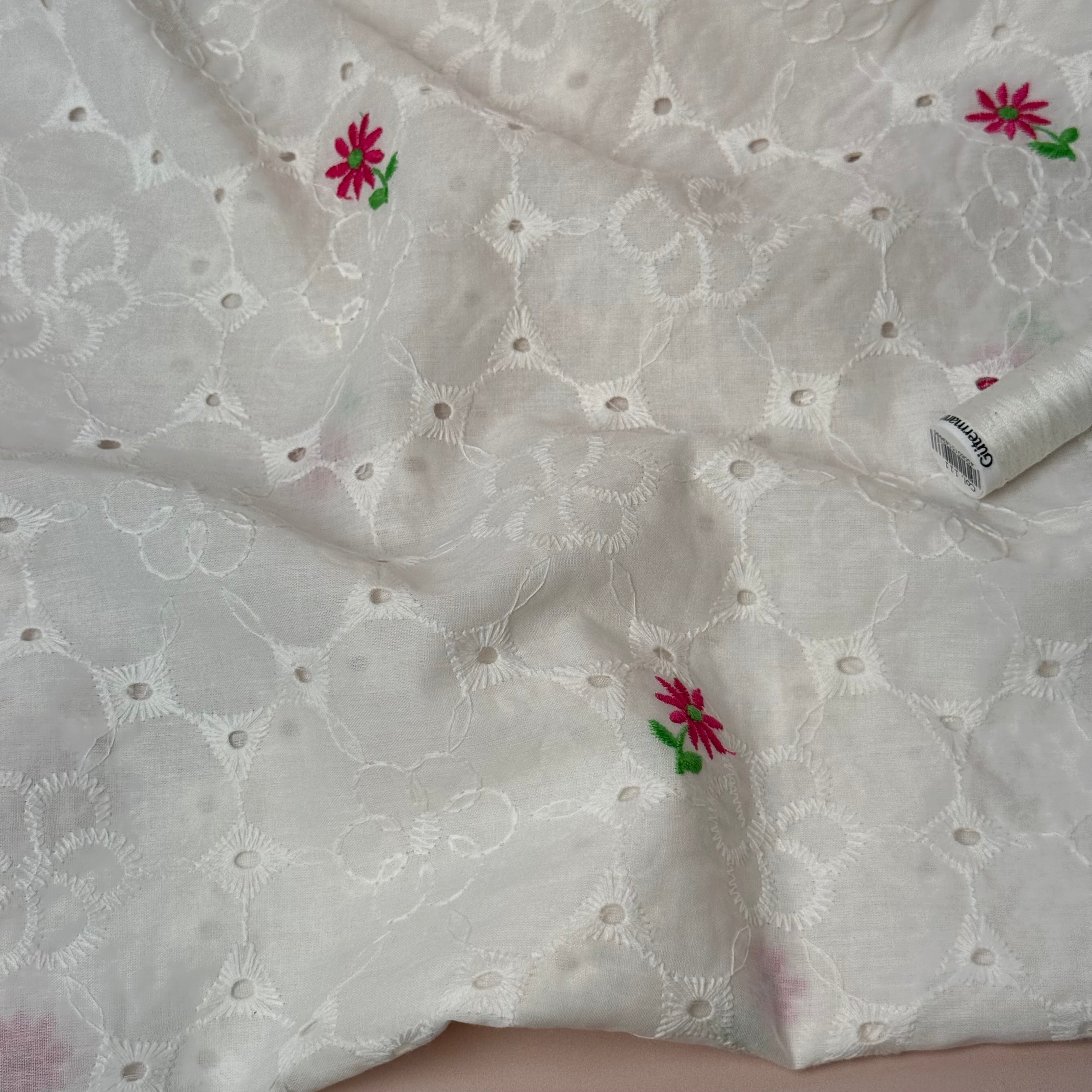 Embroidered Asters White Cotton Voile Fabric