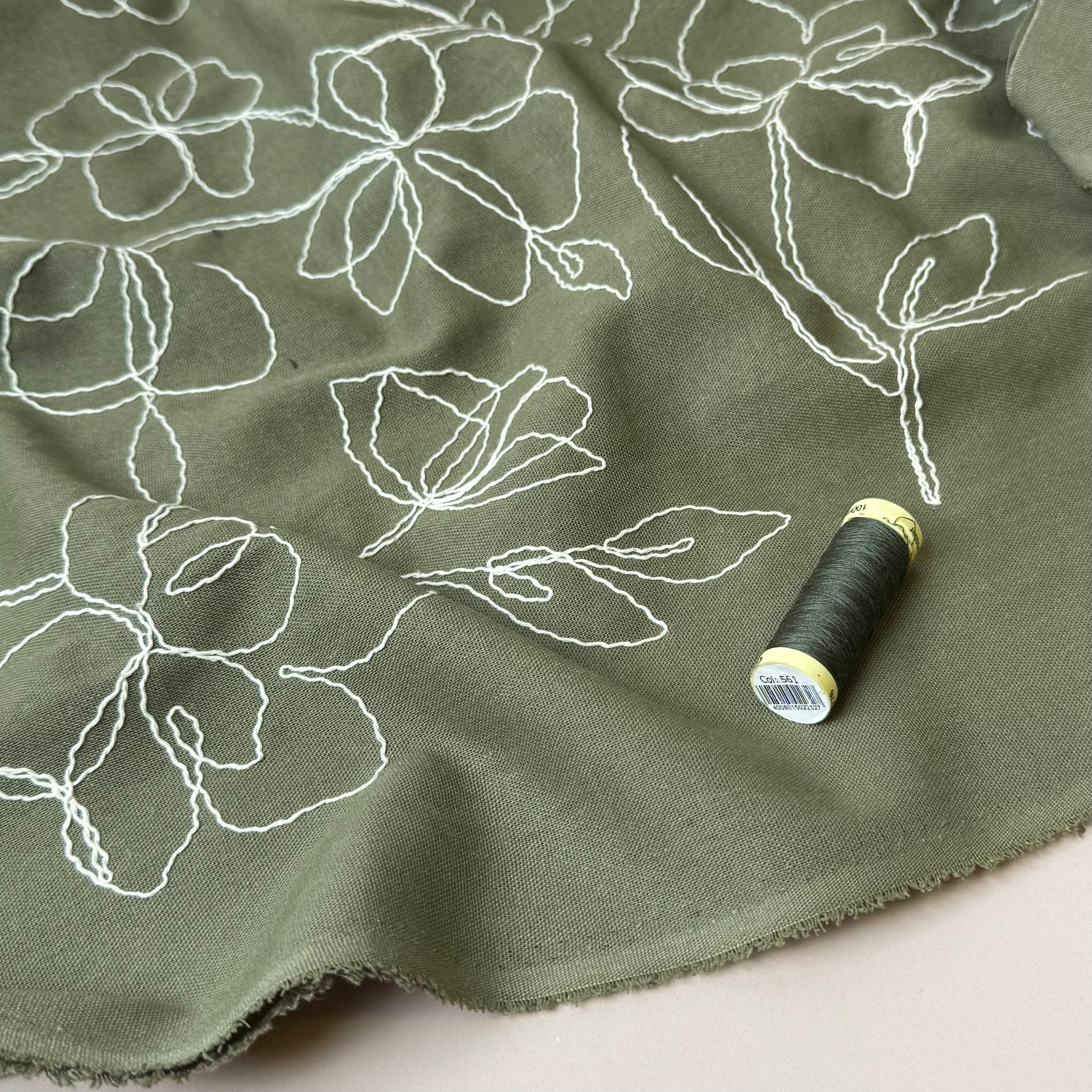 Embroidered Flowers Linen Viscose Blend Fabric in Dark Olive