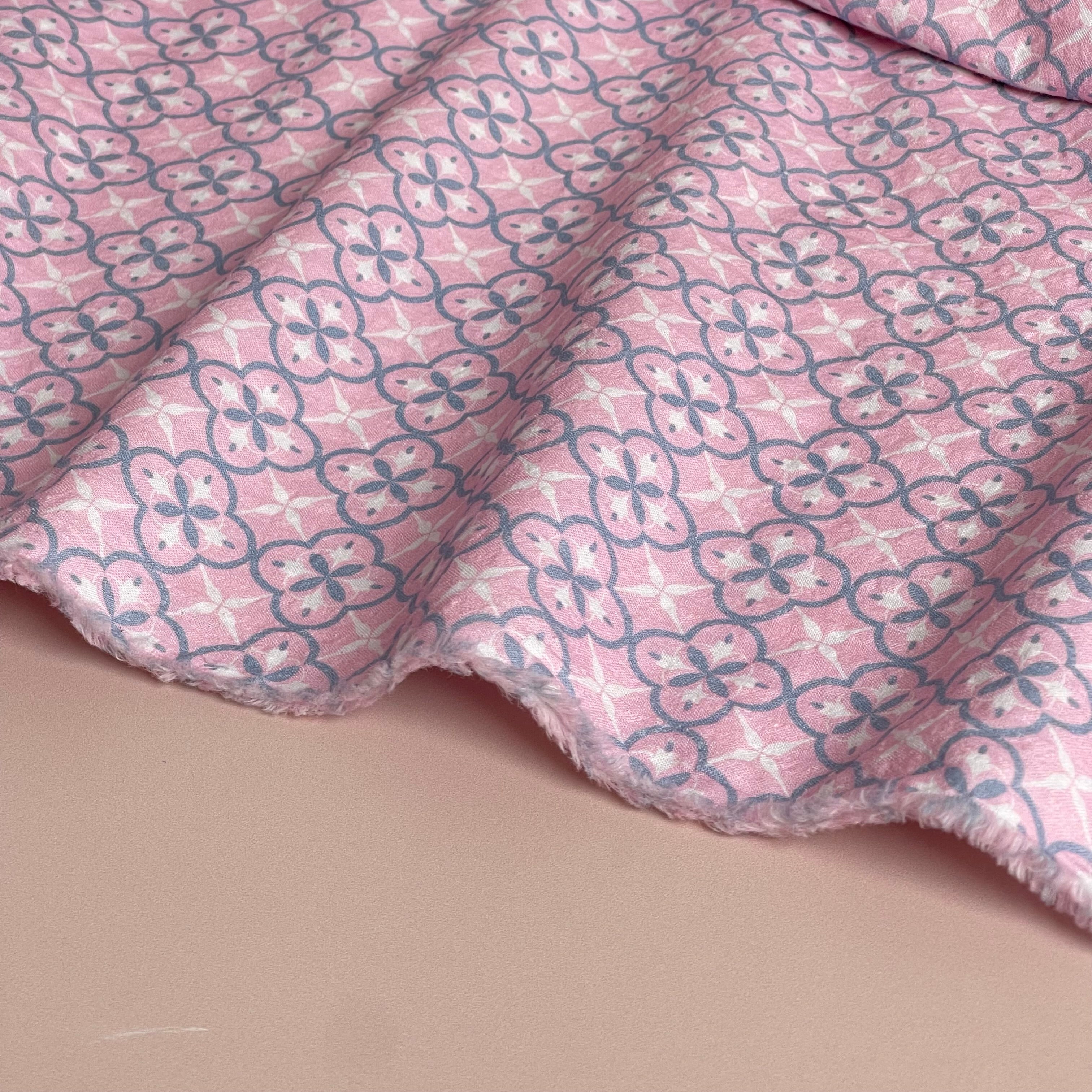 Tiles on Pink Bubble Stripes Cotton Seersucker Fabric