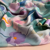 Painted Flowers Petrol Viscose Fabric