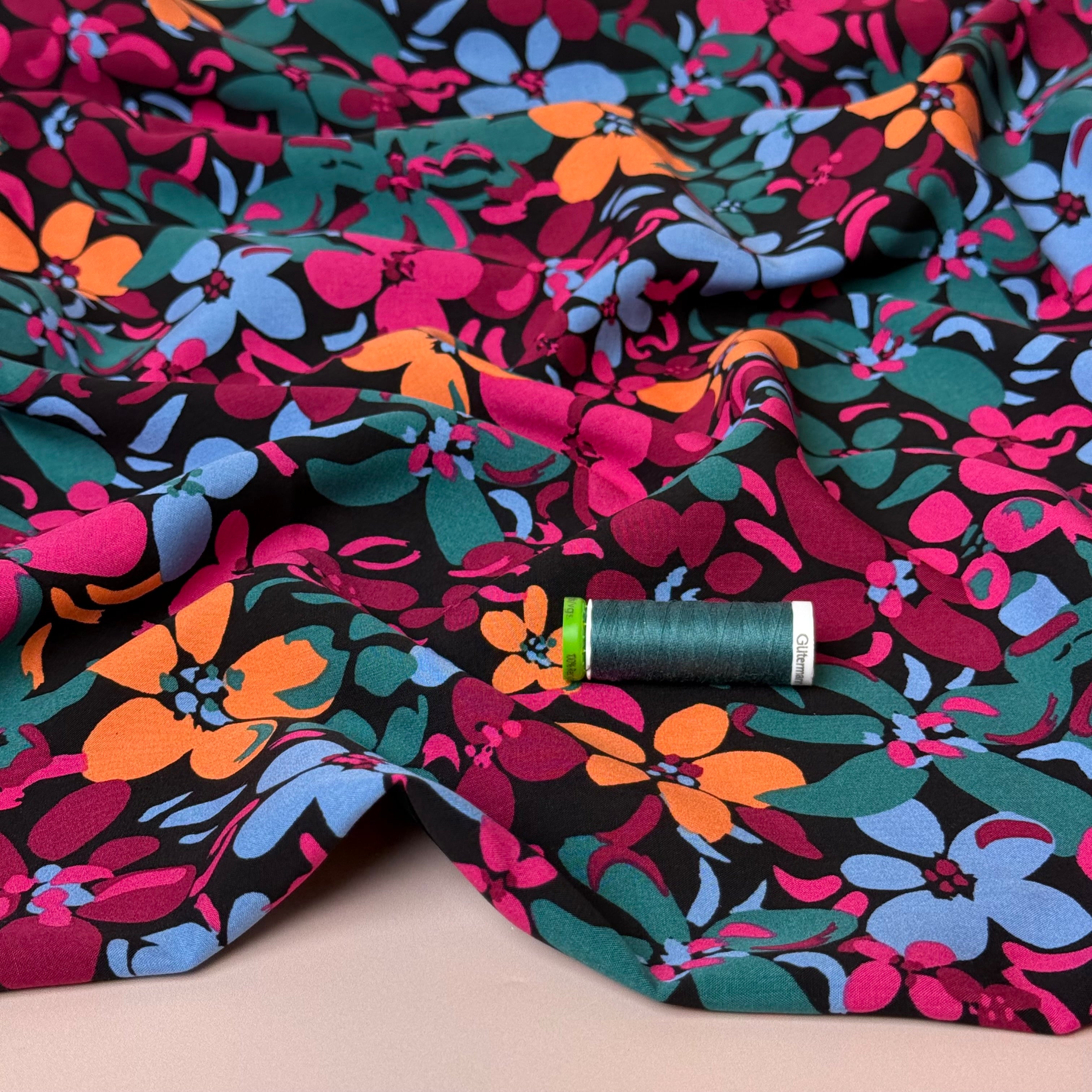 Graphic Floral Field Black Viscose Fabric