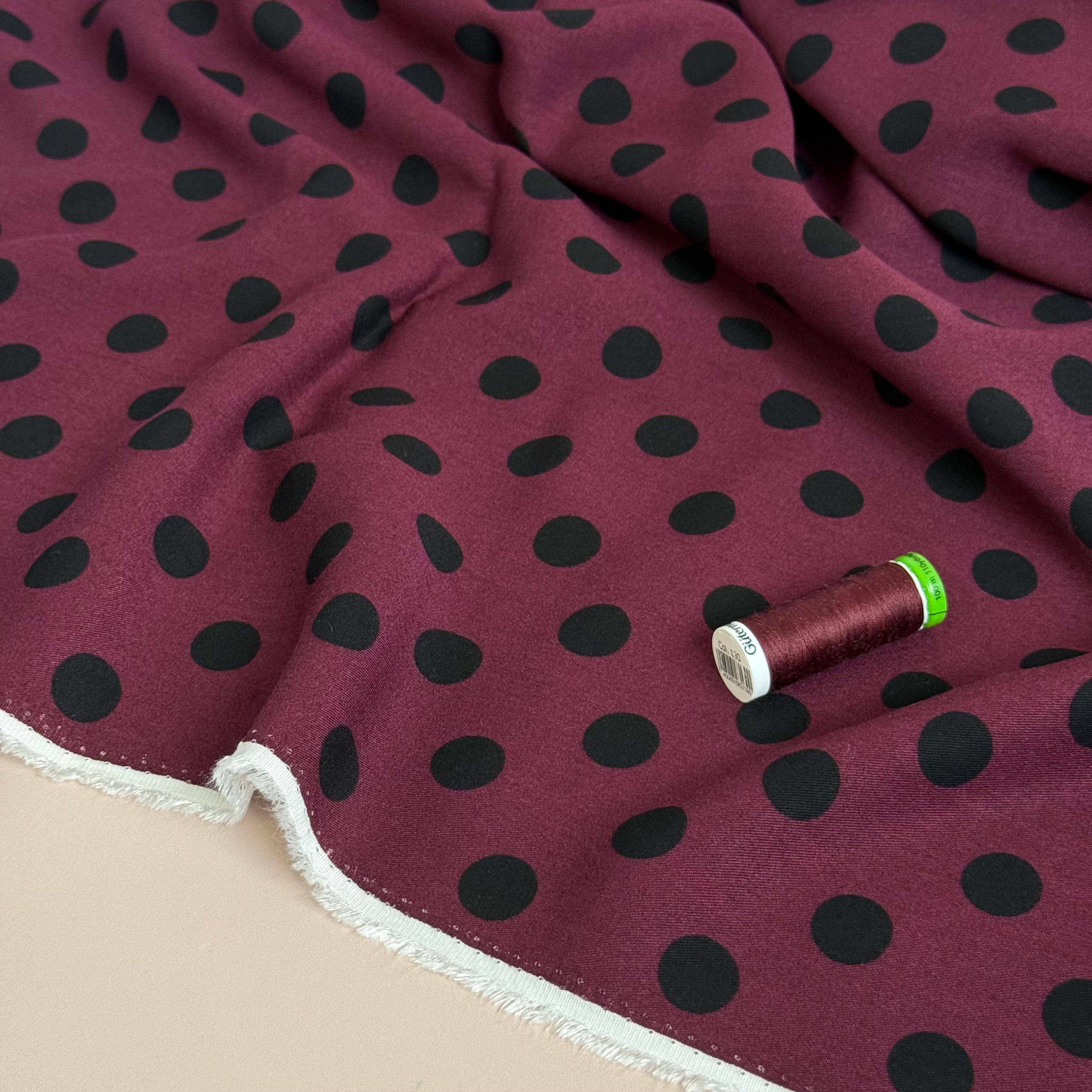 Classic Polka Wine Viscose Twill Fabric