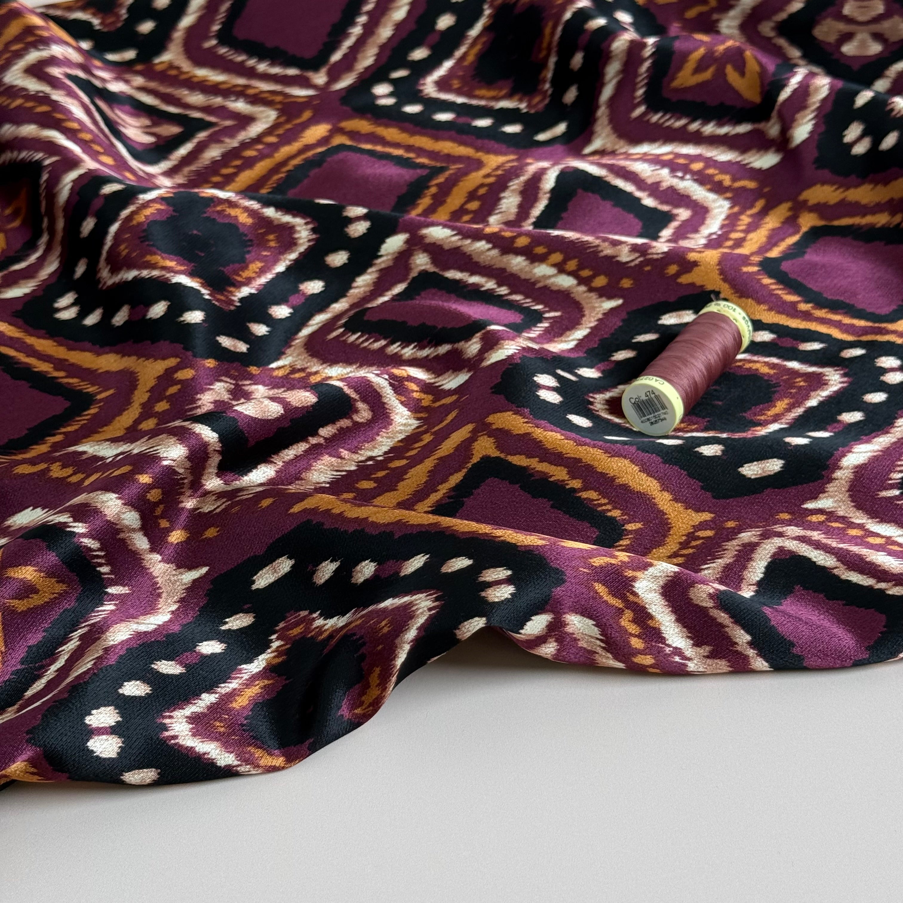 Retro Shapes Wine Spun Viscose Sateen Fabric