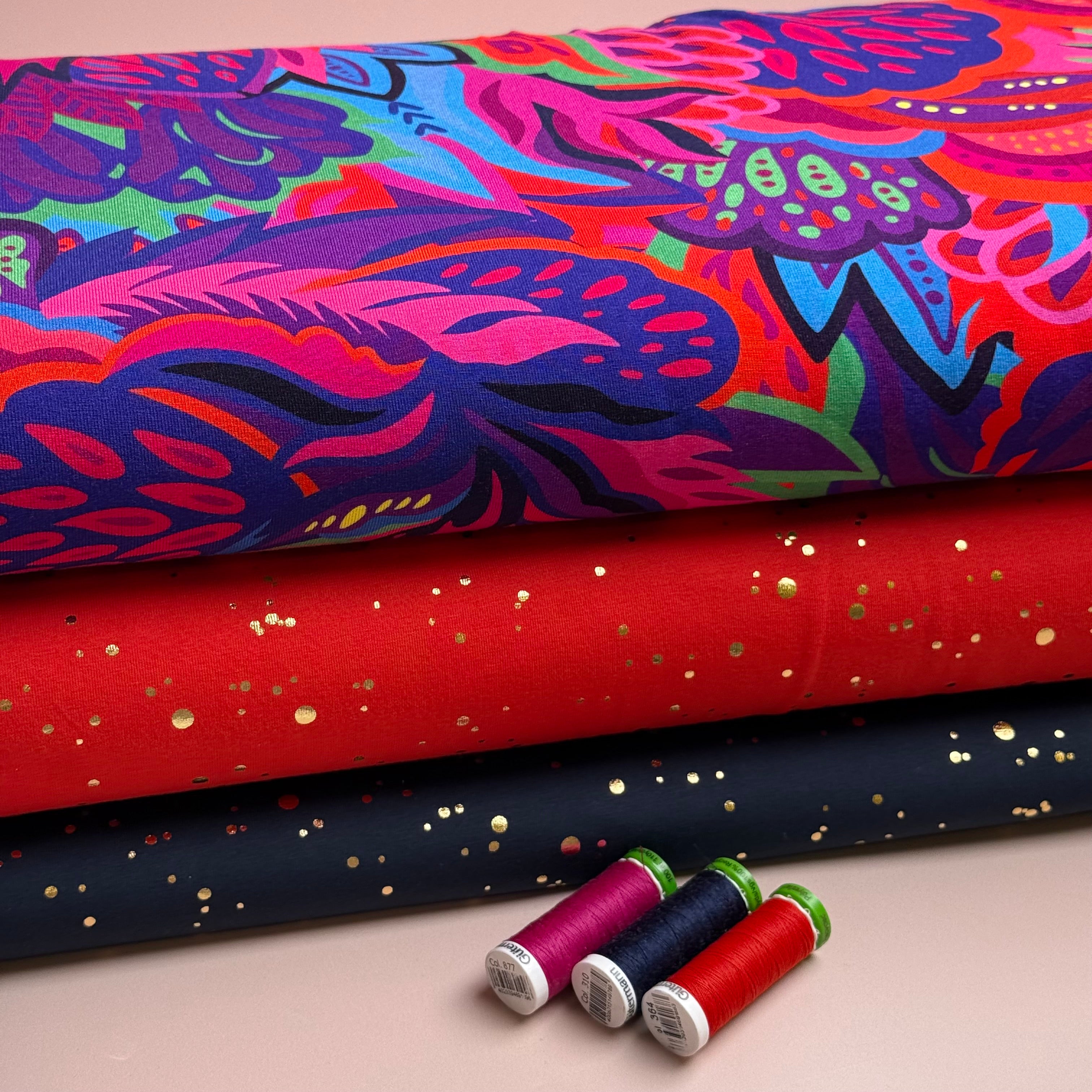 Gold Confetti on Navy Cotton Jersey Fabric