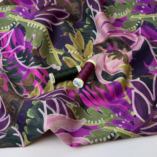 Tropical Foliage Magenta Cotton Viscose Fabric